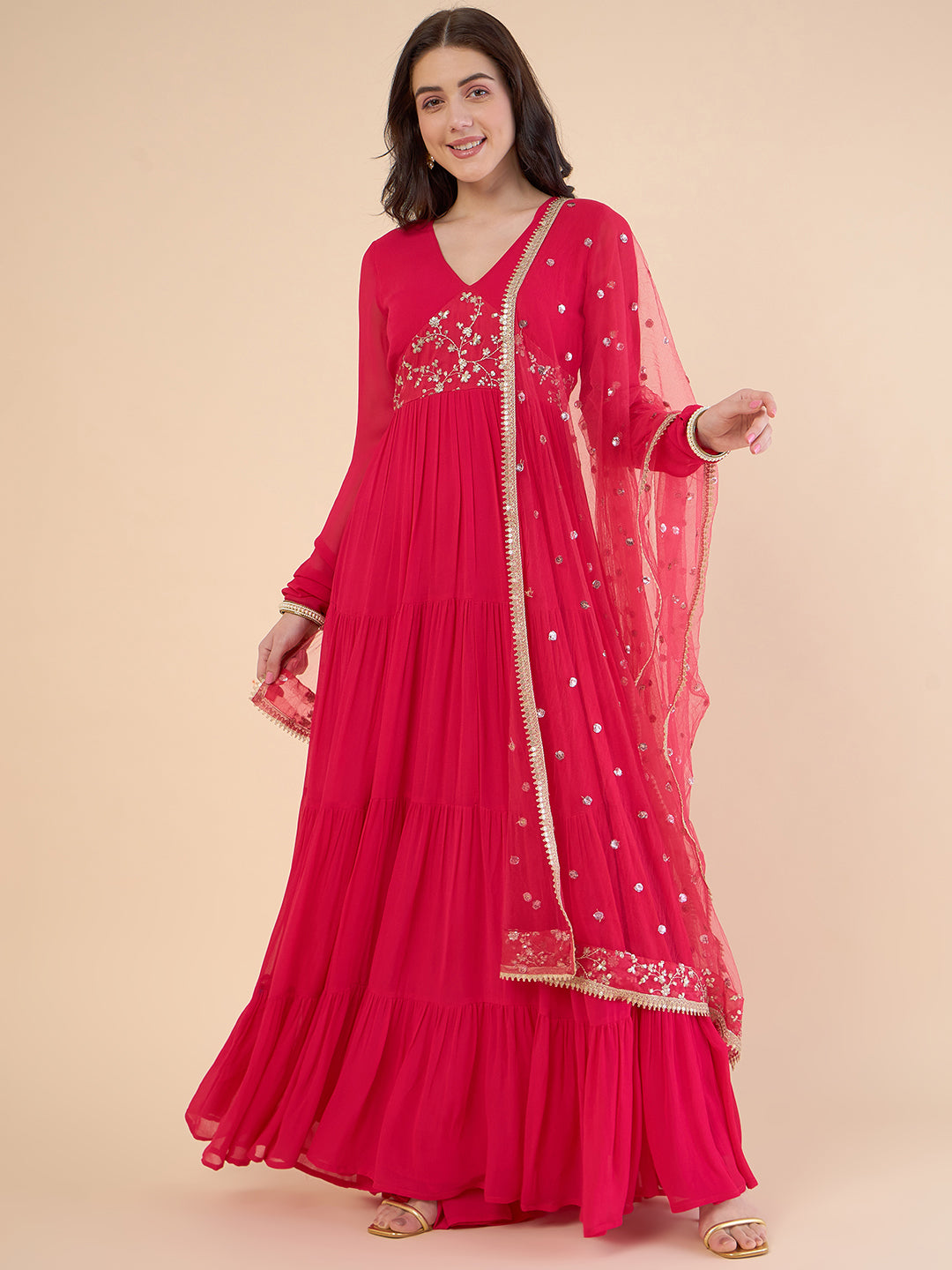 Floral Embroidered Gathered Tiered Georgette Maxi Ethnic Dress With Dupatta