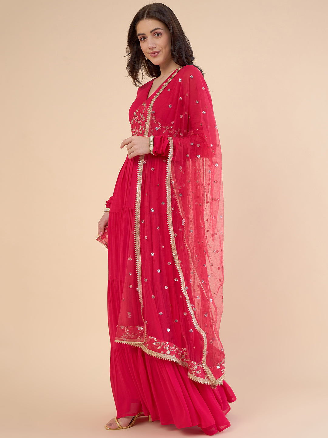 Floral Embroidered Gathered Tiered Georgette Maxi Ethnic Dress With Dupatta