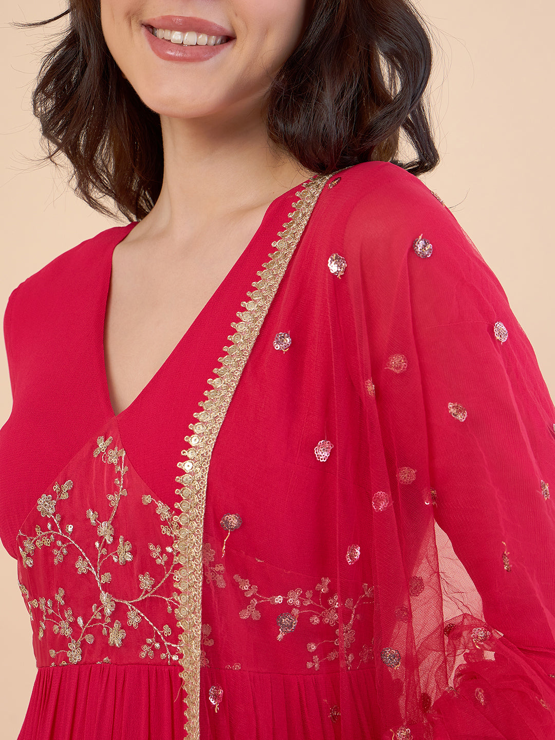 Floral Embroidered Gathered Tiered Georgette Maxi Ethnic Dress With Dupatta