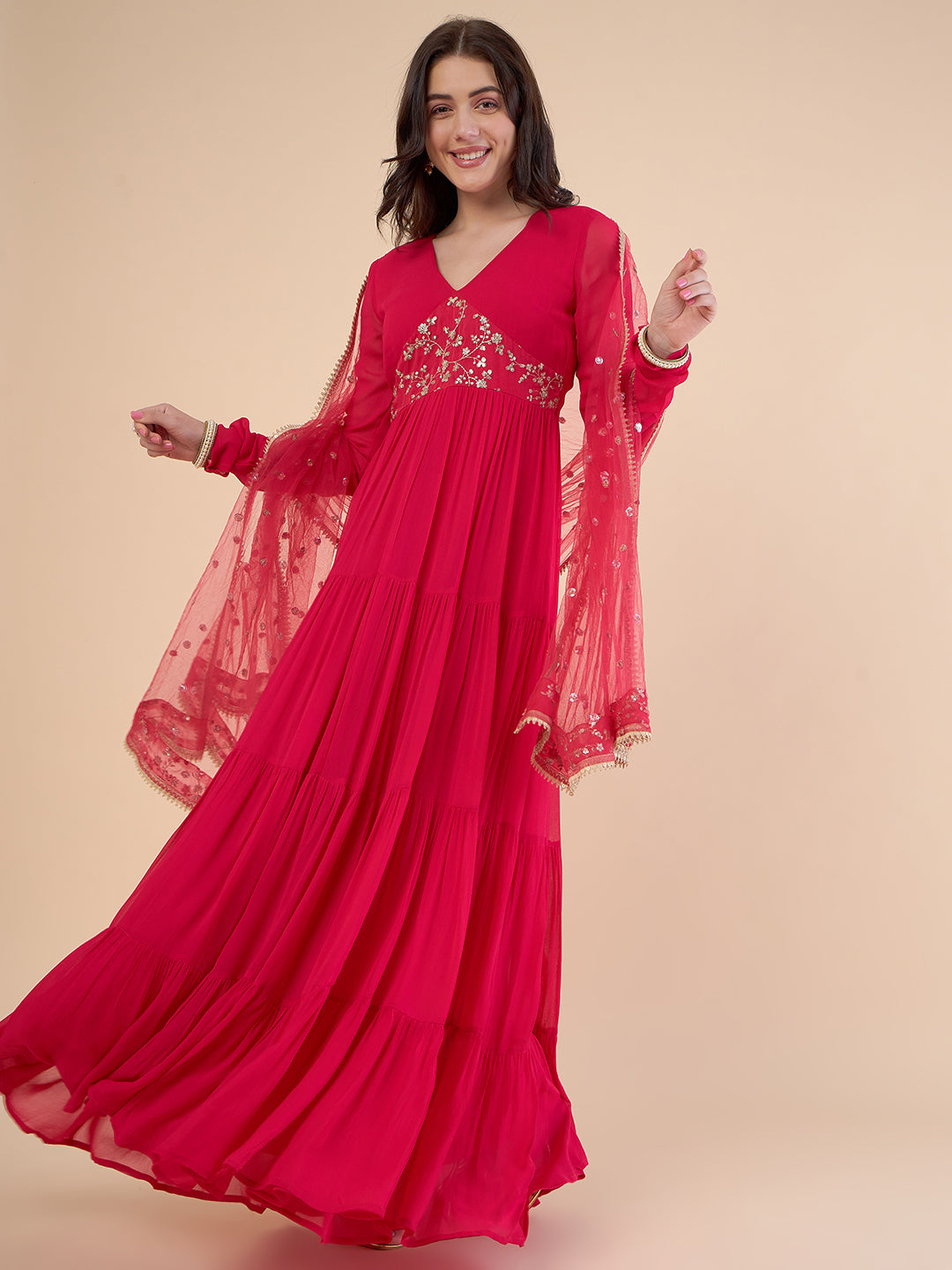 Floral Embroidered Gathered Tiered Georgette Maxi Ethnic Dress With Dupatta