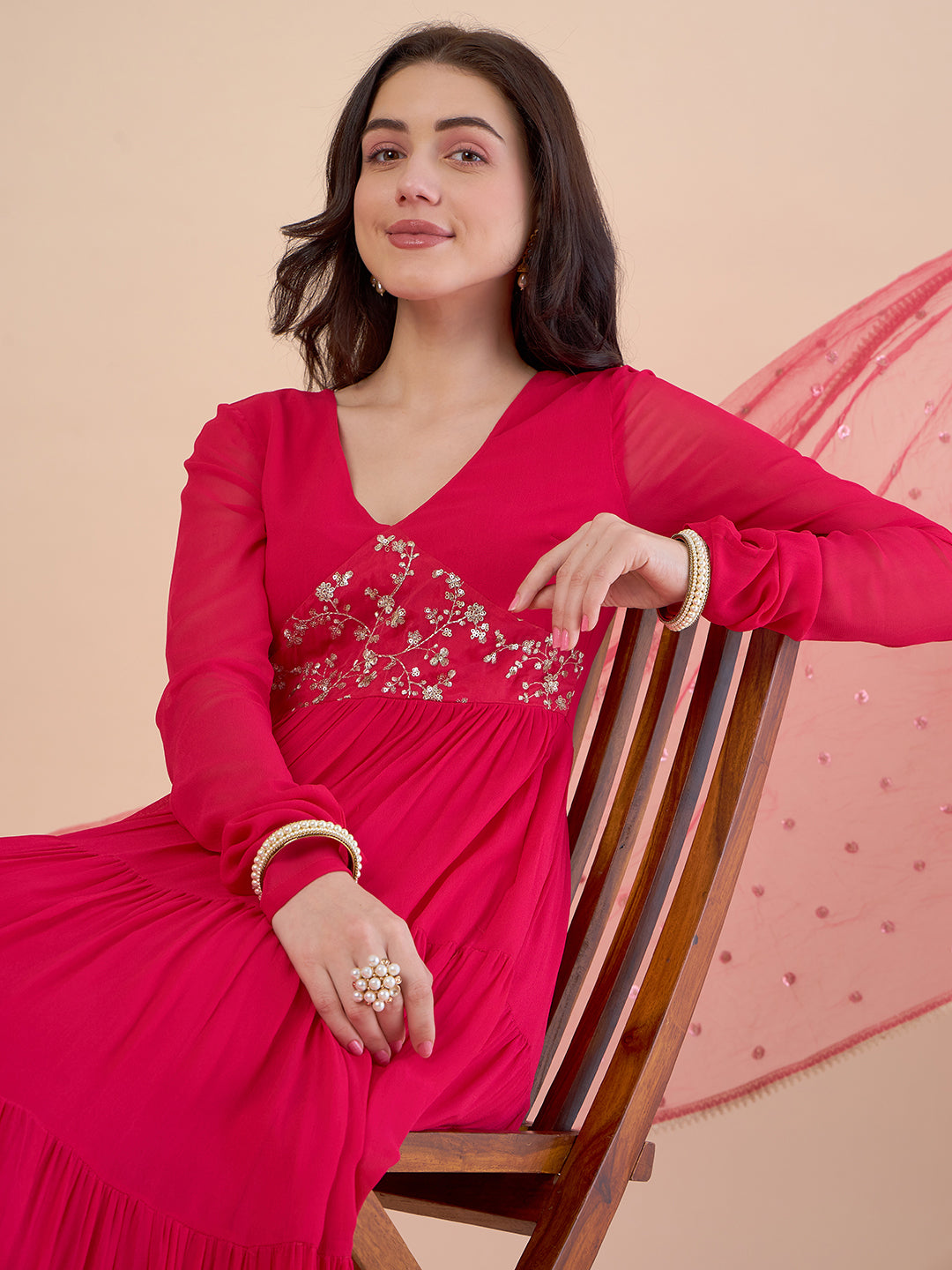 Floral Embroidered Gathered Tiered Georgette Maxi Ethnic Dress With Dupatta