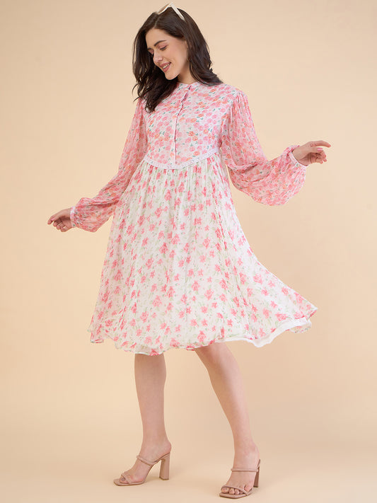 Floral Print Puff Sleeves Chiffon Gathered Or Pleated A-Line Dress