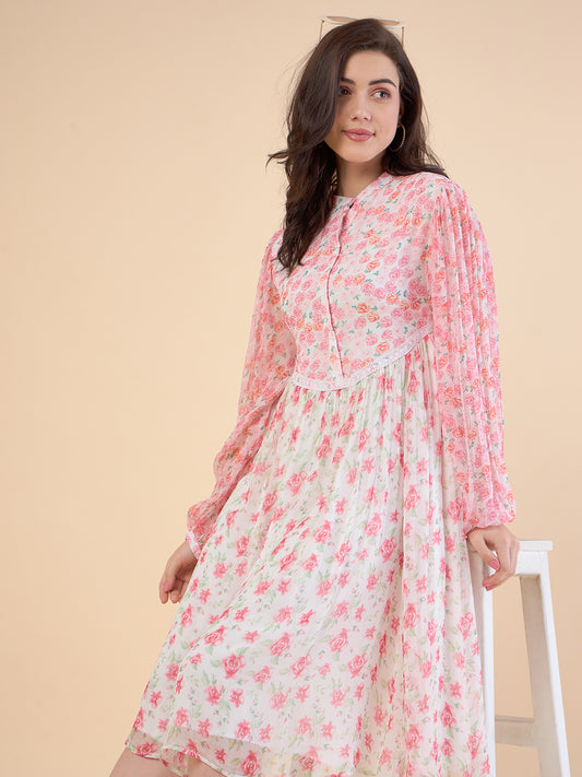Floral Print Puff Sleeves Chiffon Gathered Or Pleated A-Line Dress