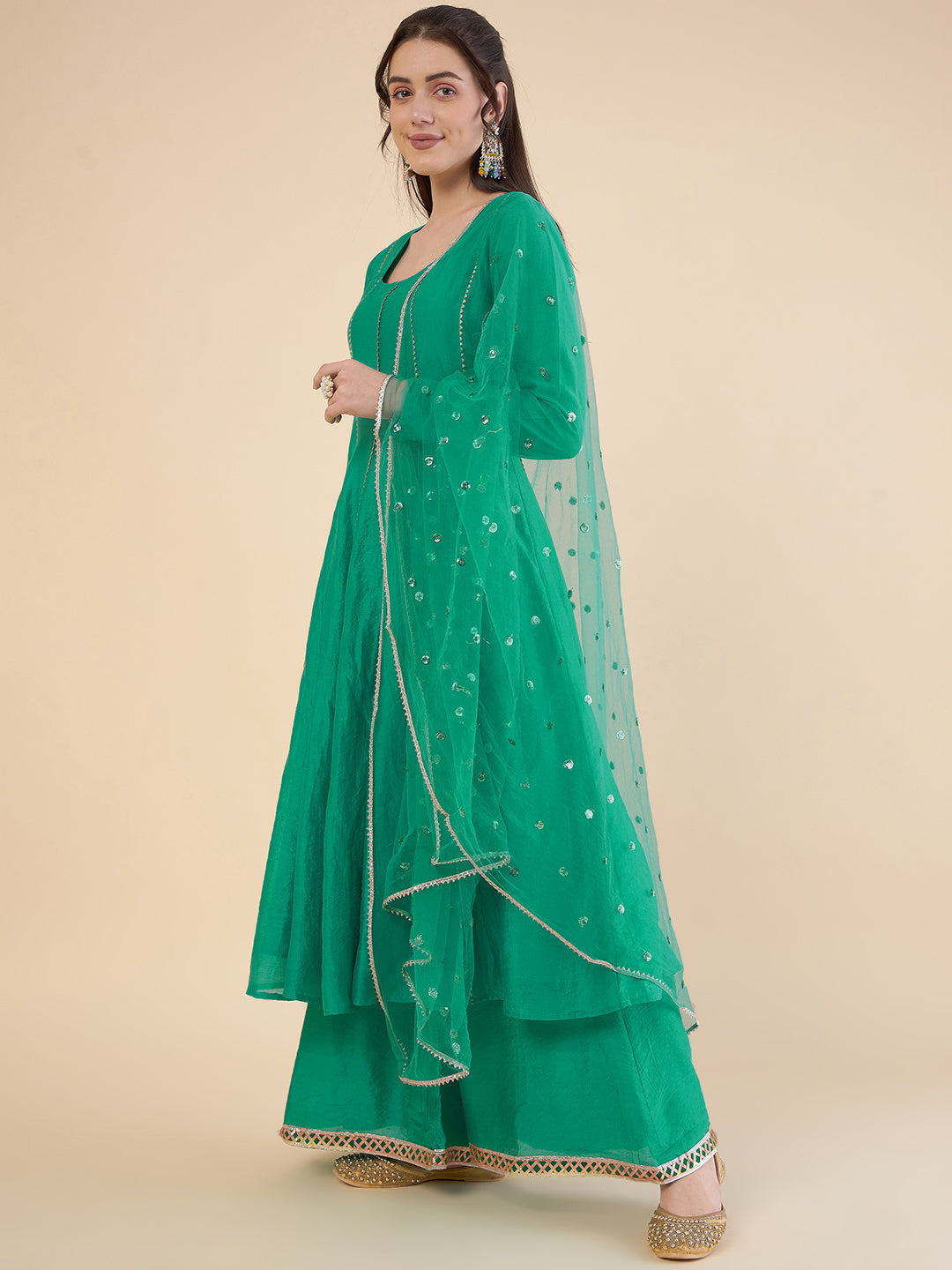 Women Panelled Gotta Patti Chanderi Silk Kurta with Palazzos & With Dupatta