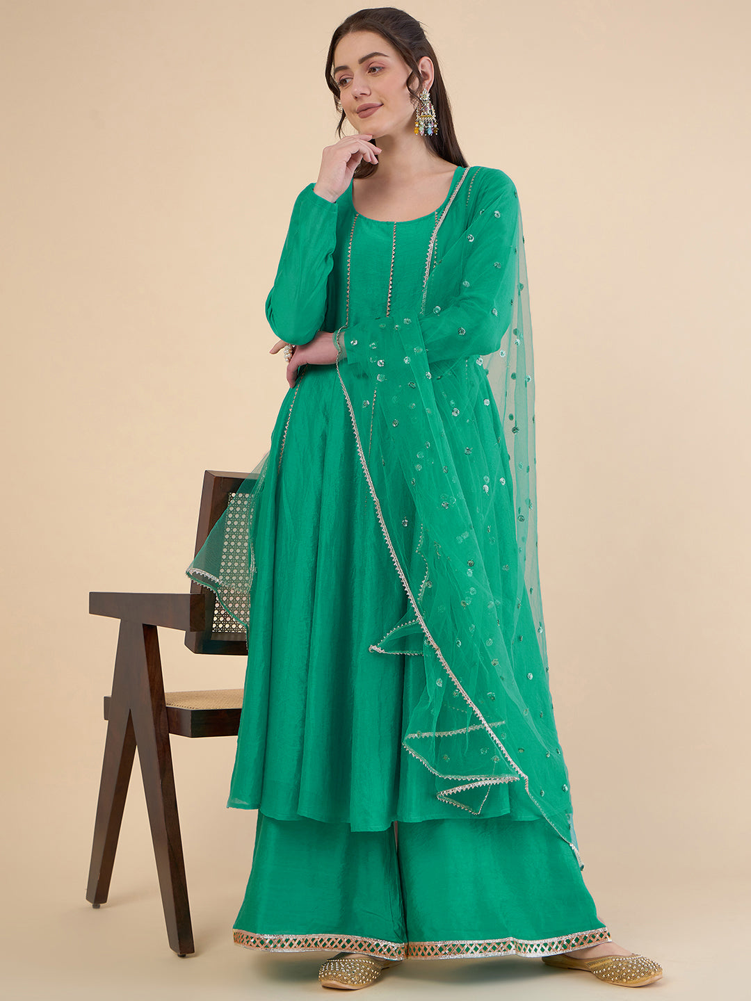Women Panelled Gotta Patti Chanderi Silk Kurta with Palazzos & With Dupatta