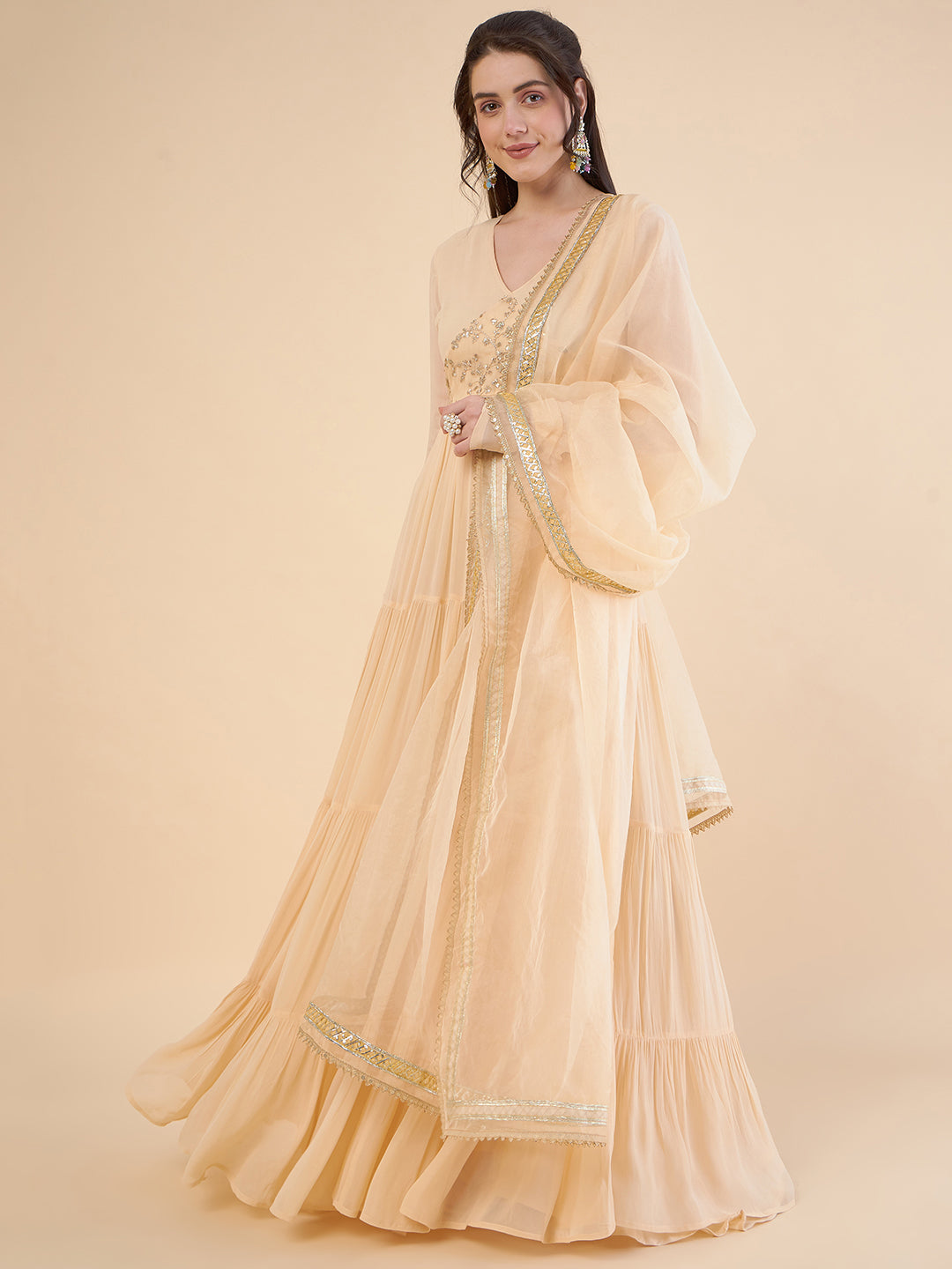 V-Neck Gathered Tiered Georgette Maxi Ethnic Dress With Organza Dupatta
