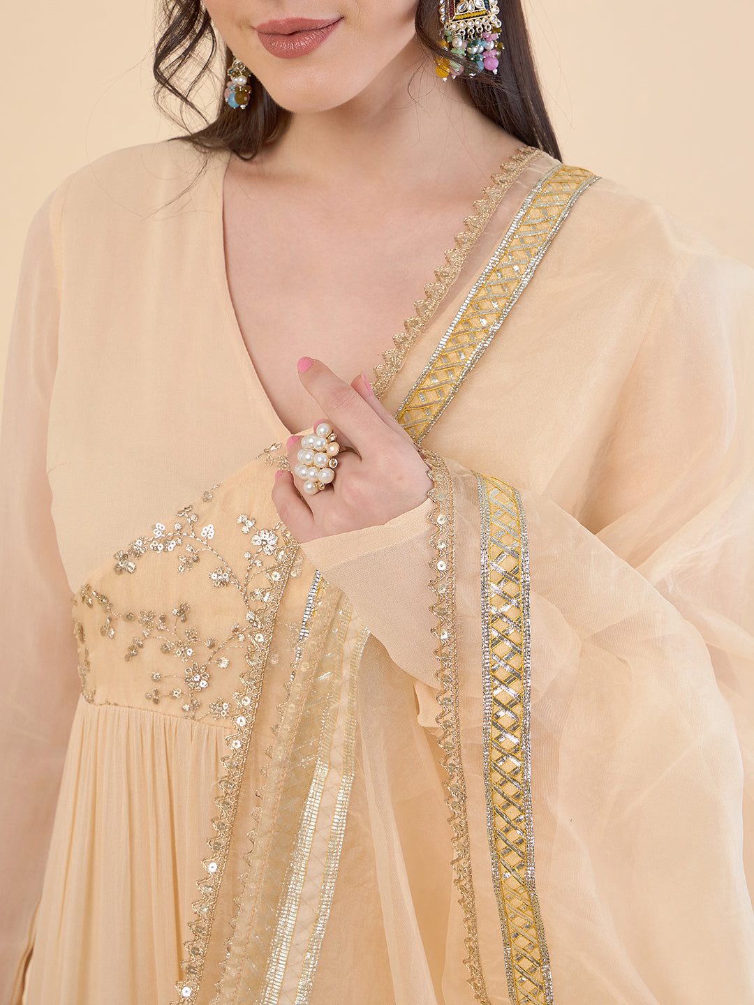 V-Neck Gathered Tiered Georgette Maxi Ethnic Dress With Organza Dupatta