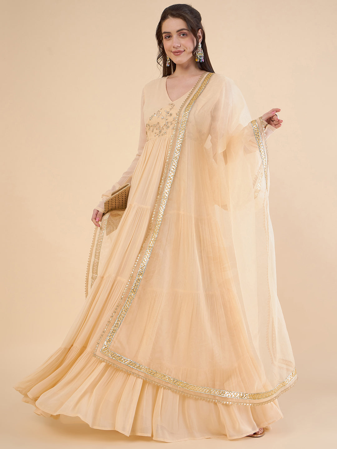 V-Neck Gathered Tiered Georgette Maxi Ethnic Dress With Organza Dupatta