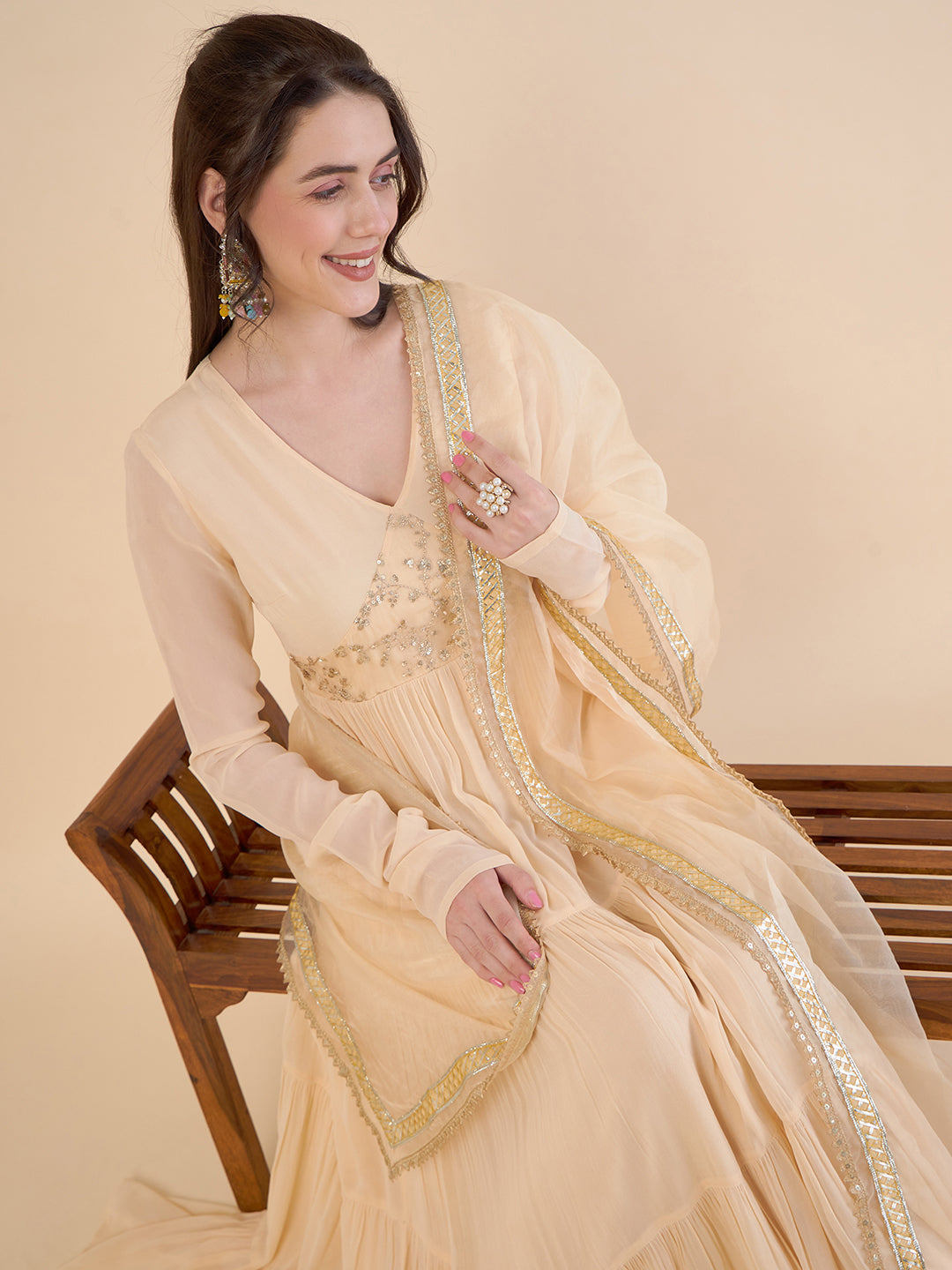 V-Neck Gathered Tiered Georgette Maxi Ethnic Dress With Organza Dupatta