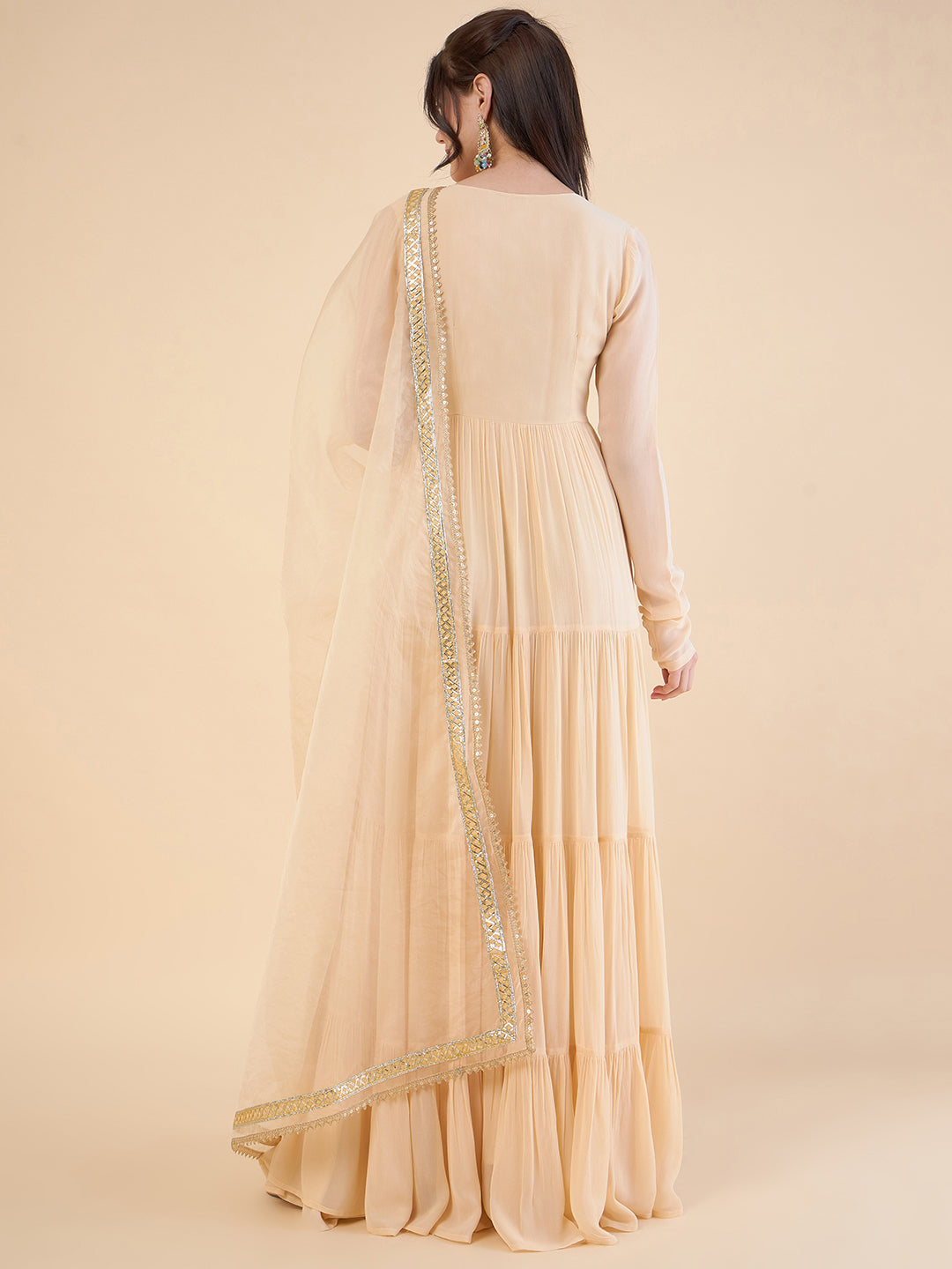 V-Neck Gathered Tiered Georgette Maxi Ethnic Dress With Organza Dupatta