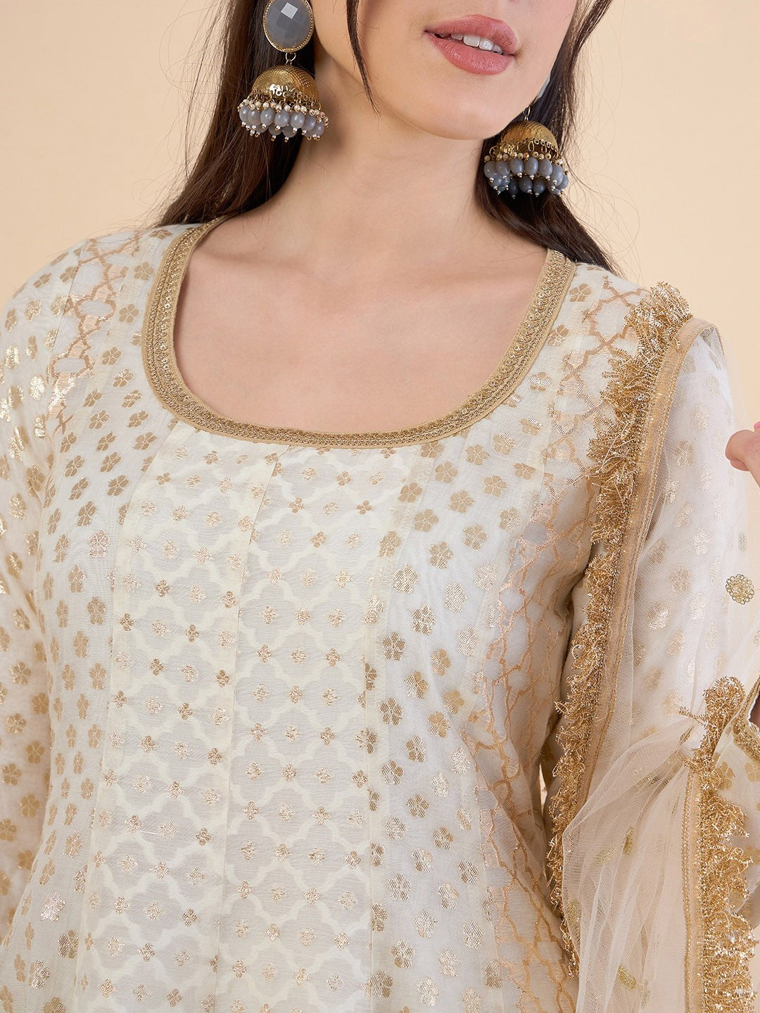 Embroidered Panelled Chanderi Silk Kurta with Churidar & With Dupatta