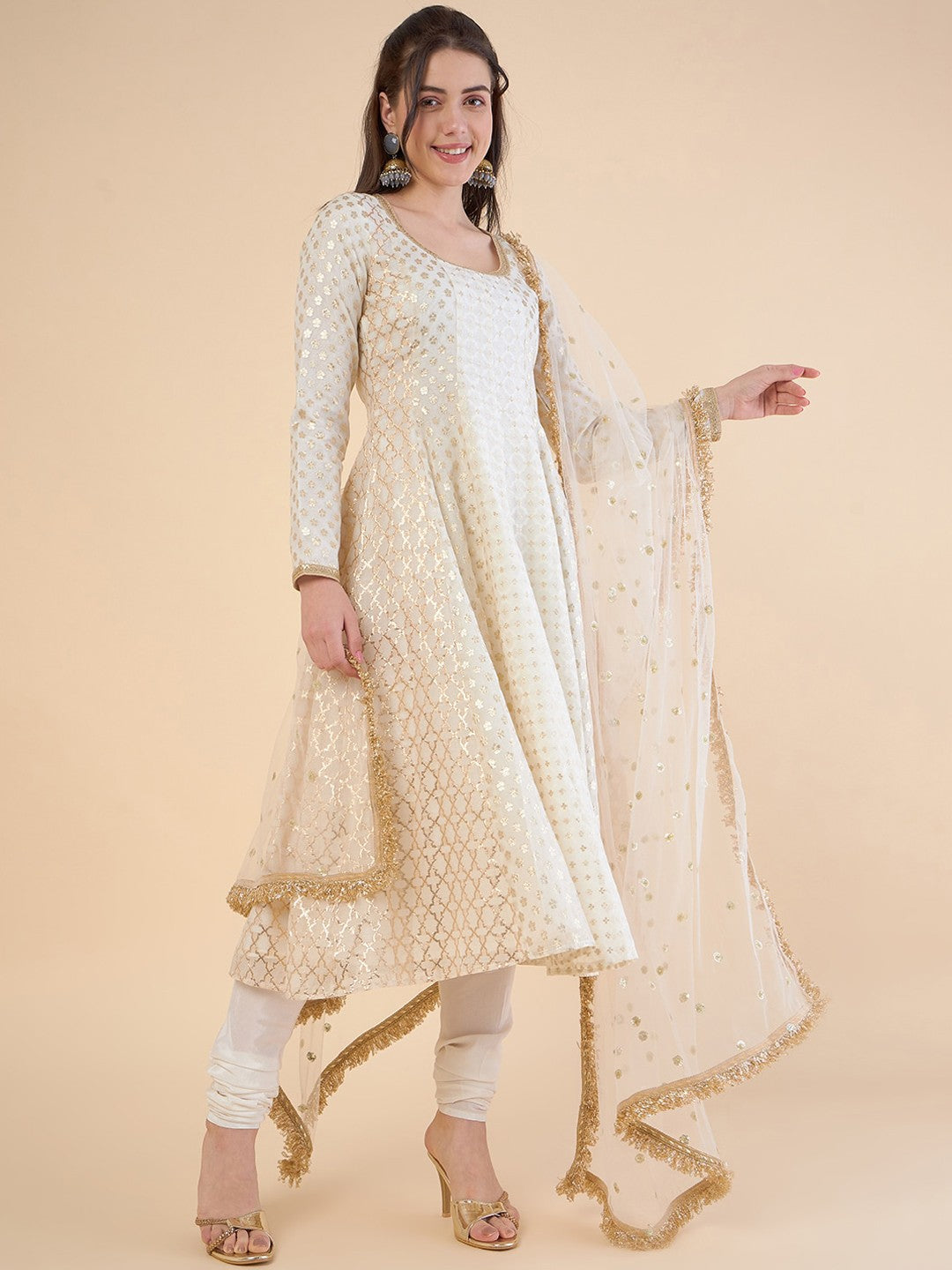 Embroidered Panelled Chanderi Silk Kurta with Churidar & With Dupatta