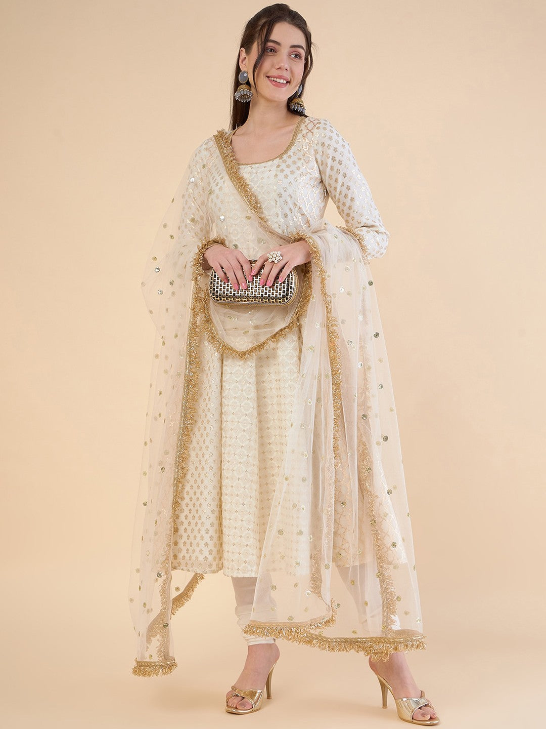 Embroidered Panelled Chanderi Silk Kurta with Churidar & With Dupatta