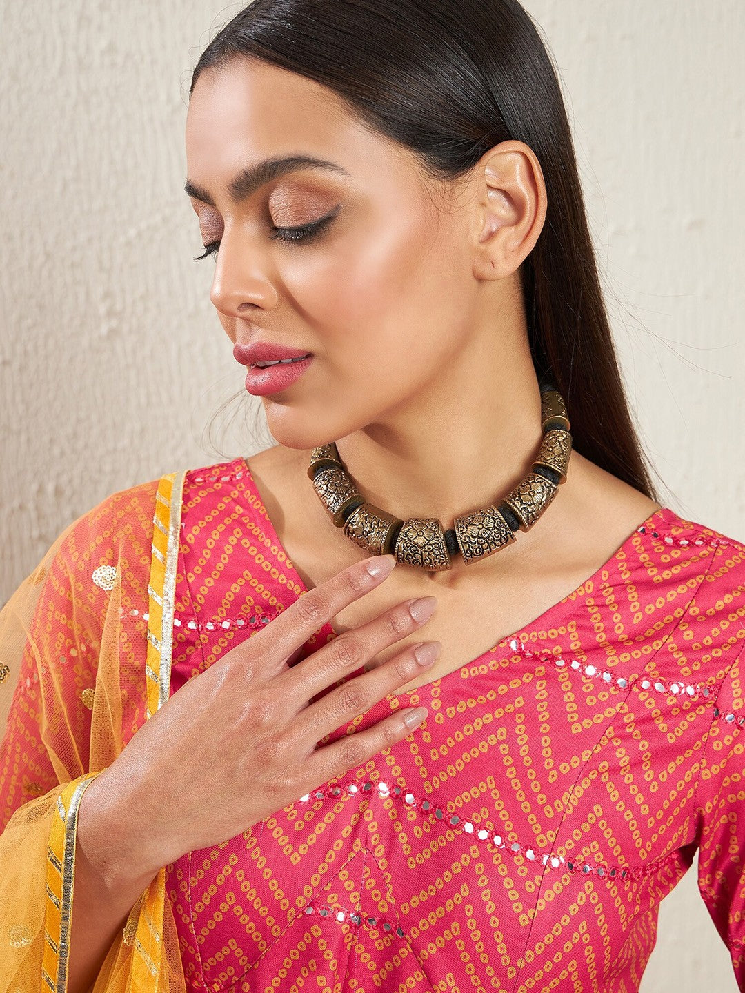 Bandhani Printed Empire Mirror Work Pure Cotton Kurta with Churidar & With Dupatta