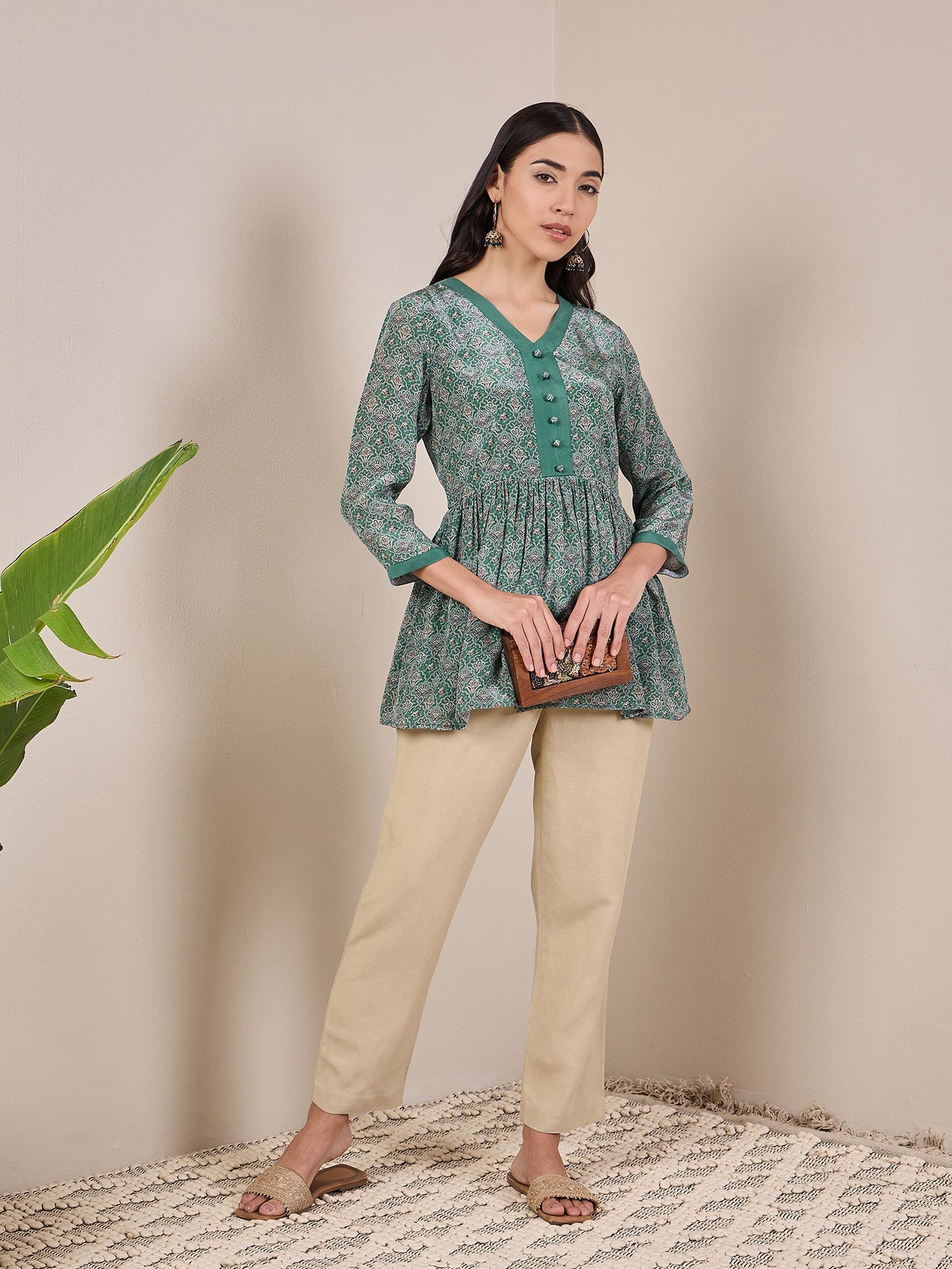 Ethnic Motifs Printed V-Neck Pleated Anarkali Kurti