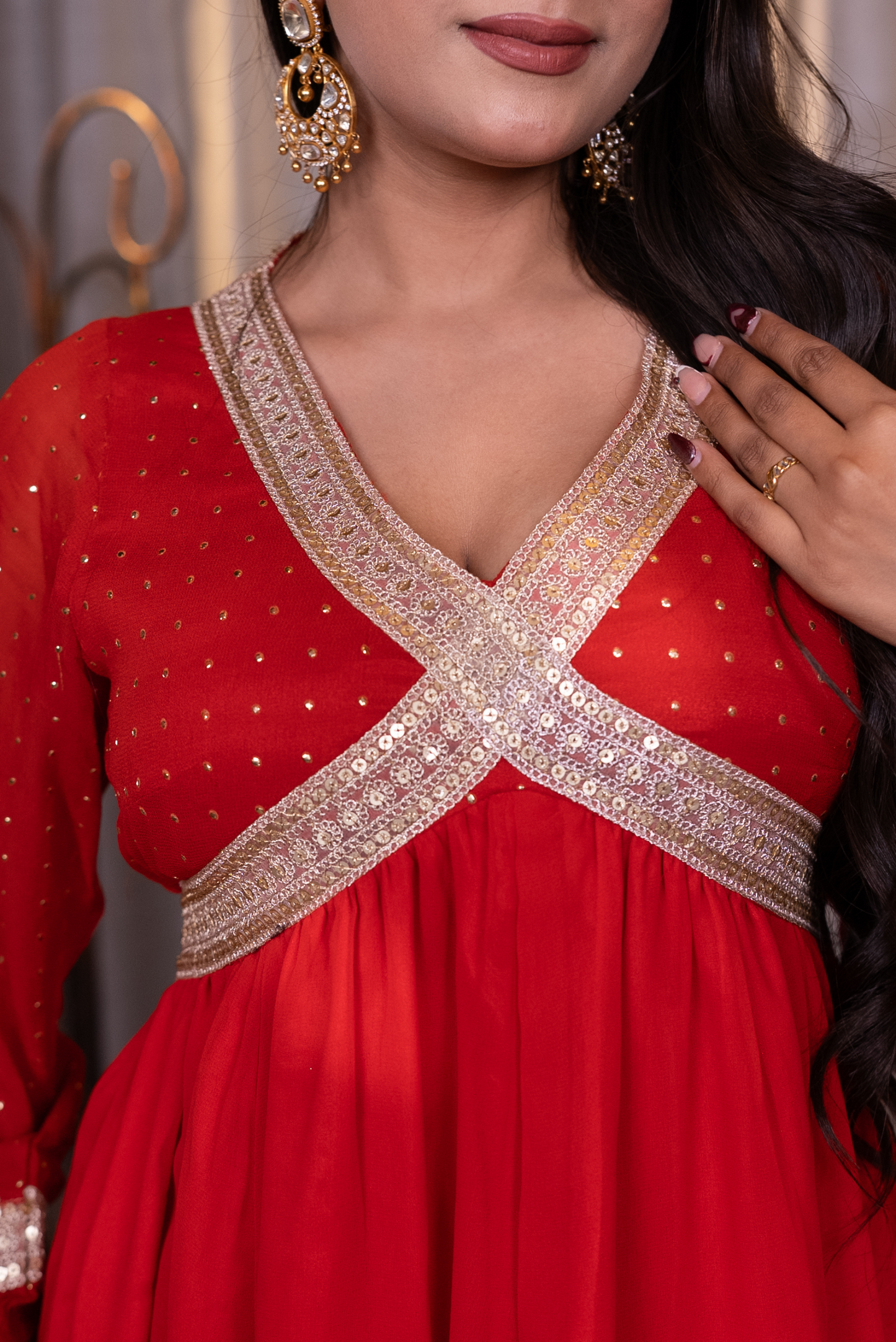 Anarkali lace work kurta with churidaar and dupatta