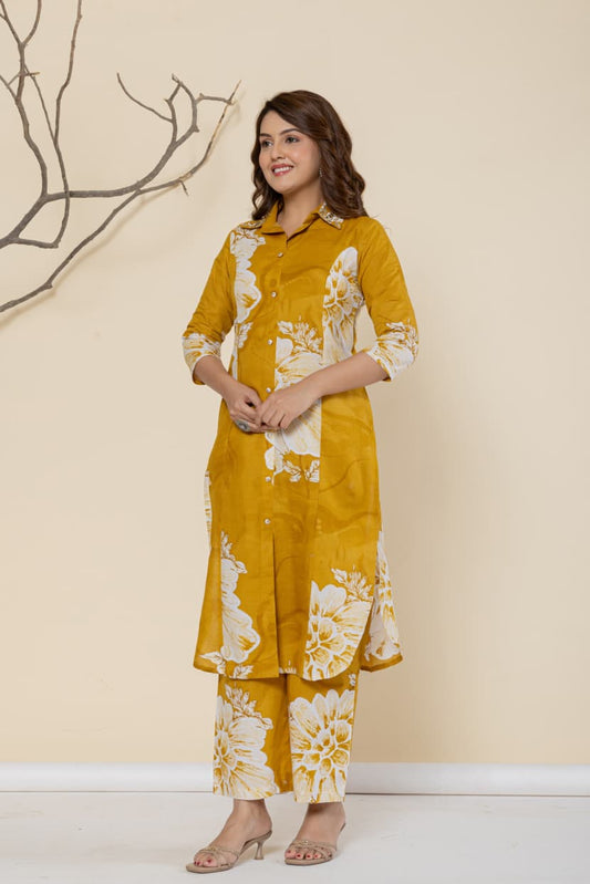 Women Shirt Collar Pure Cotton Kurta with Palazzos