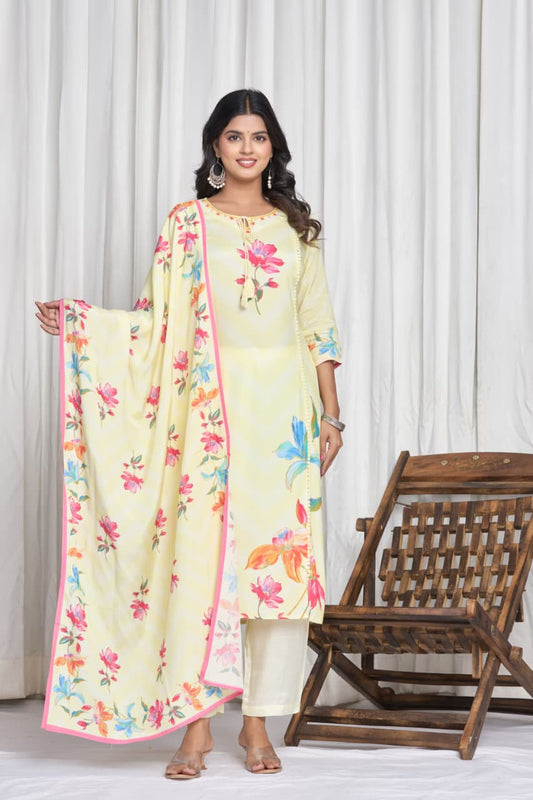 Floral Printed Keyhole Neck Thread Work Pure Cotton Kurta With Trousers & Dupatta