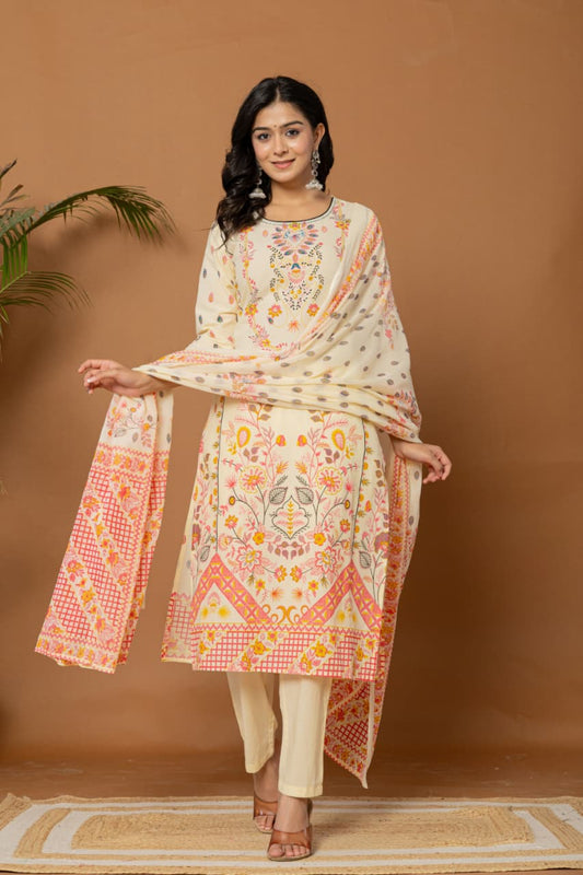 Women Floral Printed Regular Pure Cotton Kurta with Trousers & Dupatta