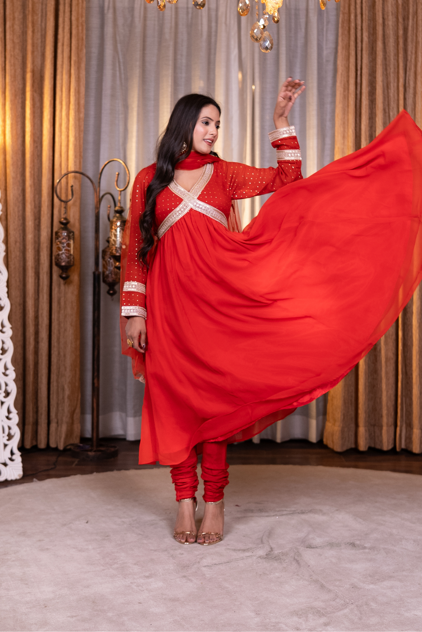 Anarkali lace work kurta with churidaar and dupatta