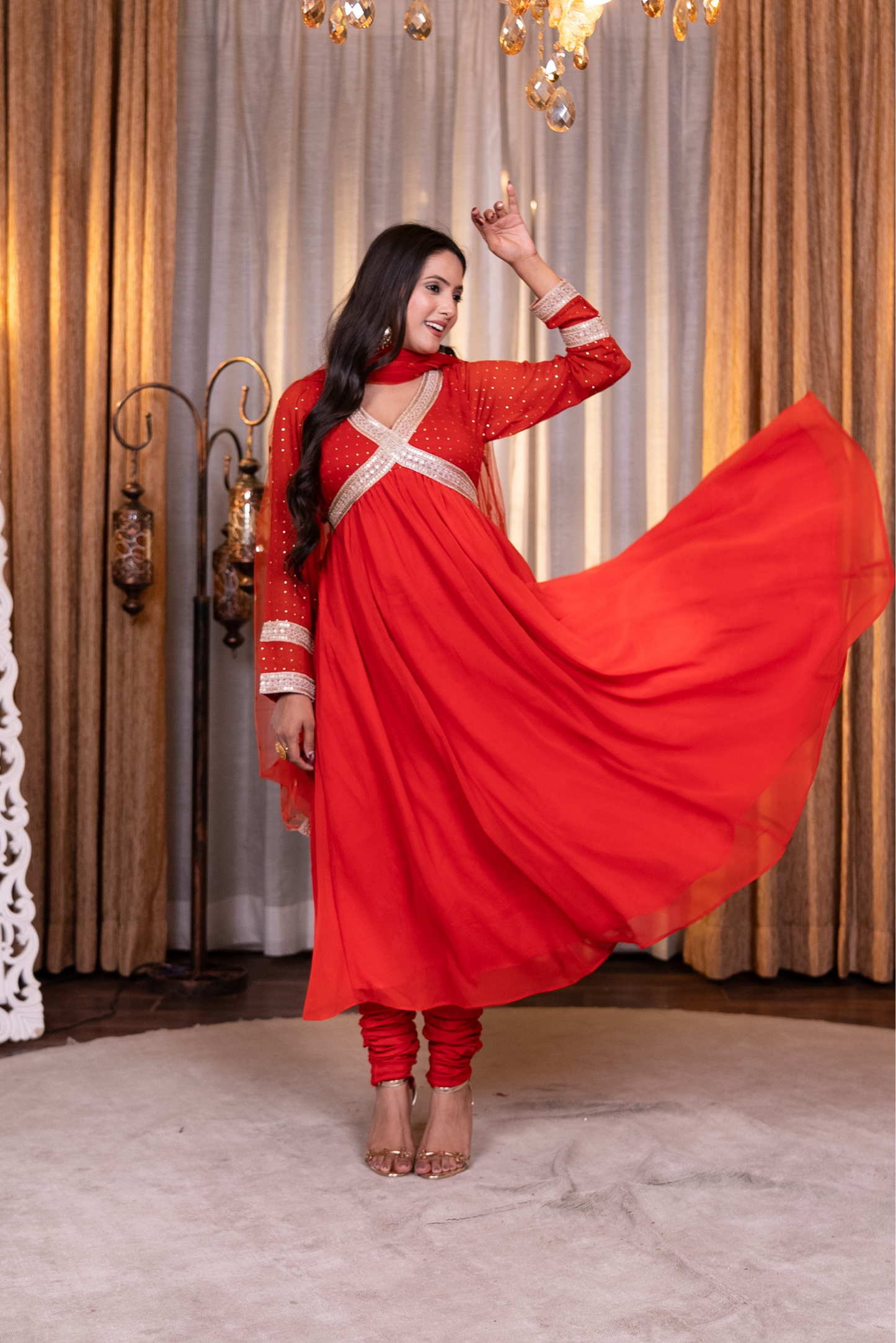 Anarkali lace work kurta with churidaar and dupatta