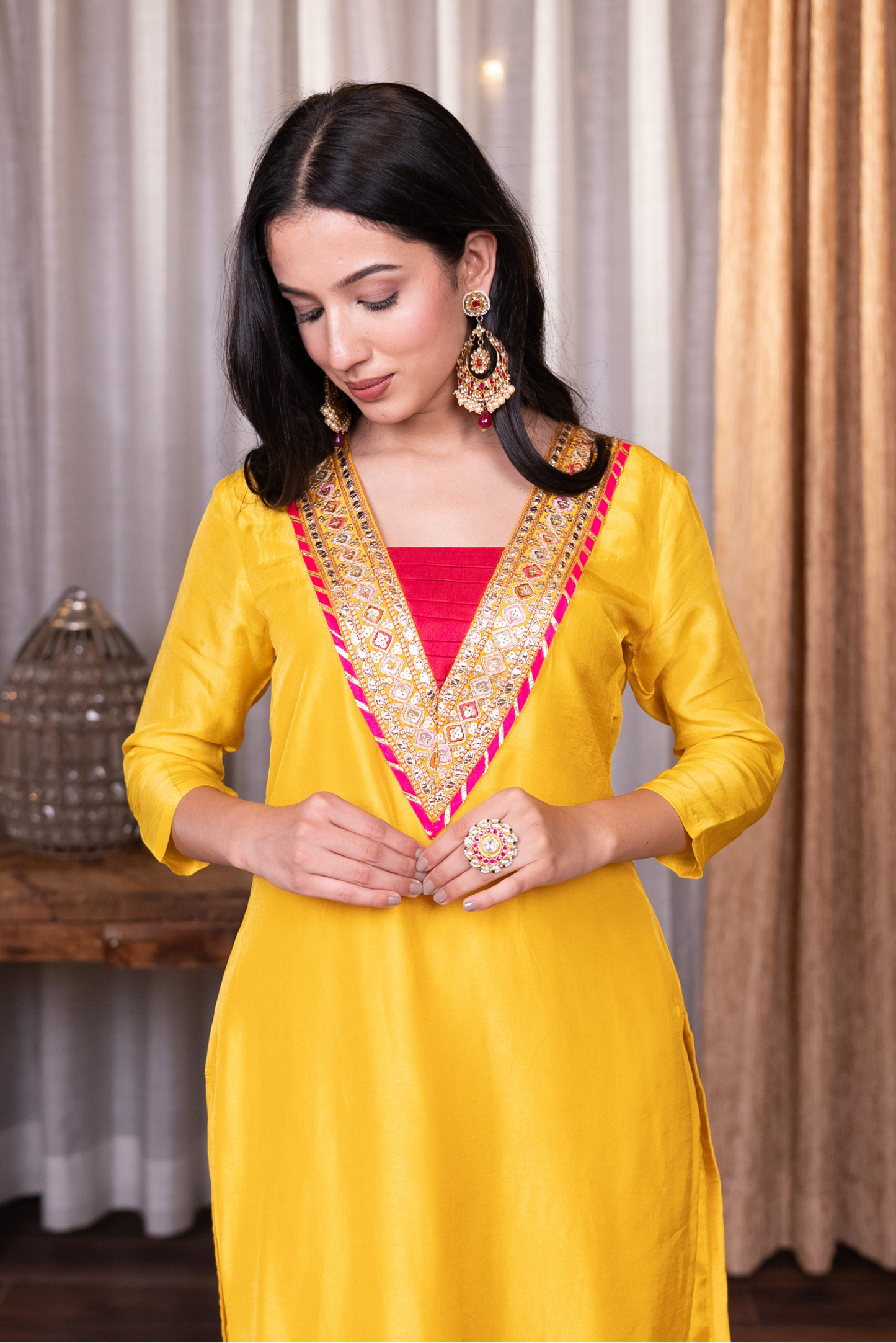 Straight lace work kurta with pant and dupatta