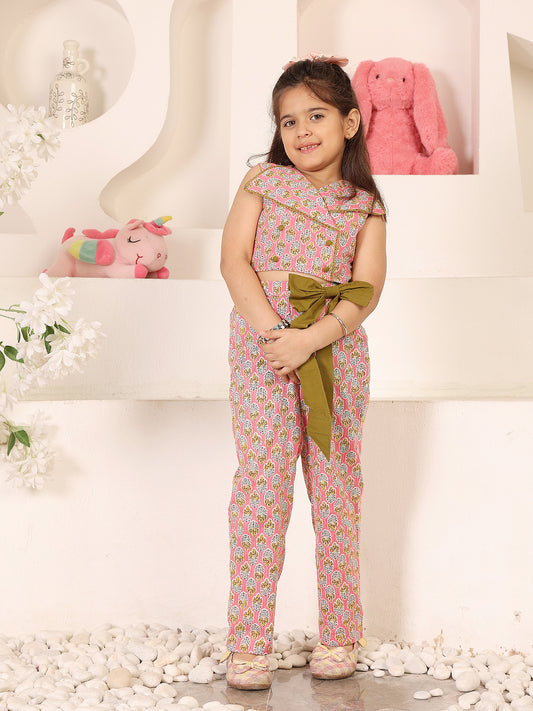 Girls Printed V-Neck Top And Trousers