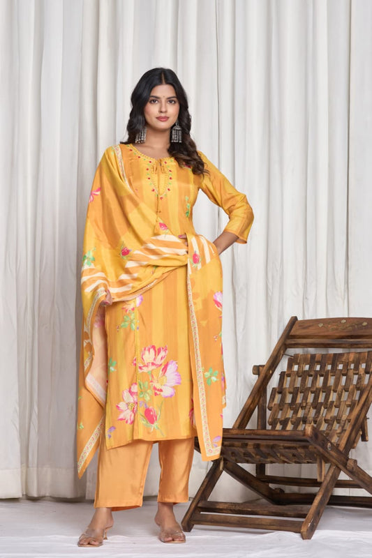 Floral Printed Keyhole Neck Thread Work Straight Kurta With Trousers & Dupatta