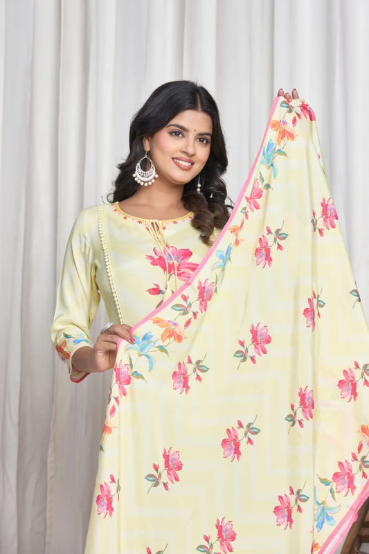 Floral Printed Keyhole Neck Thread Work Pure Cotton Kurta With Trousers & Dupatta