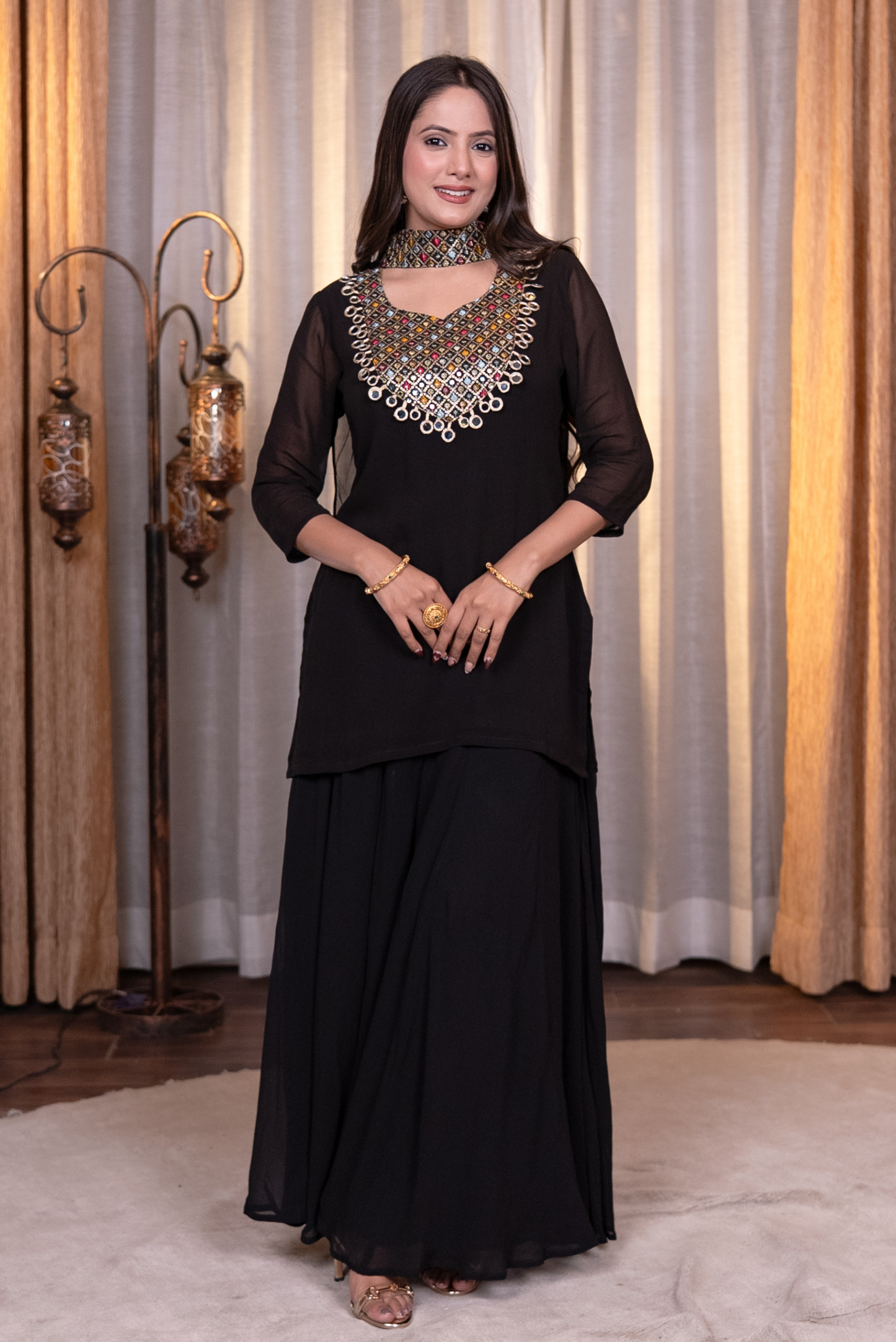 Mirror and sequins work kurta set with palazzo and dupatta
