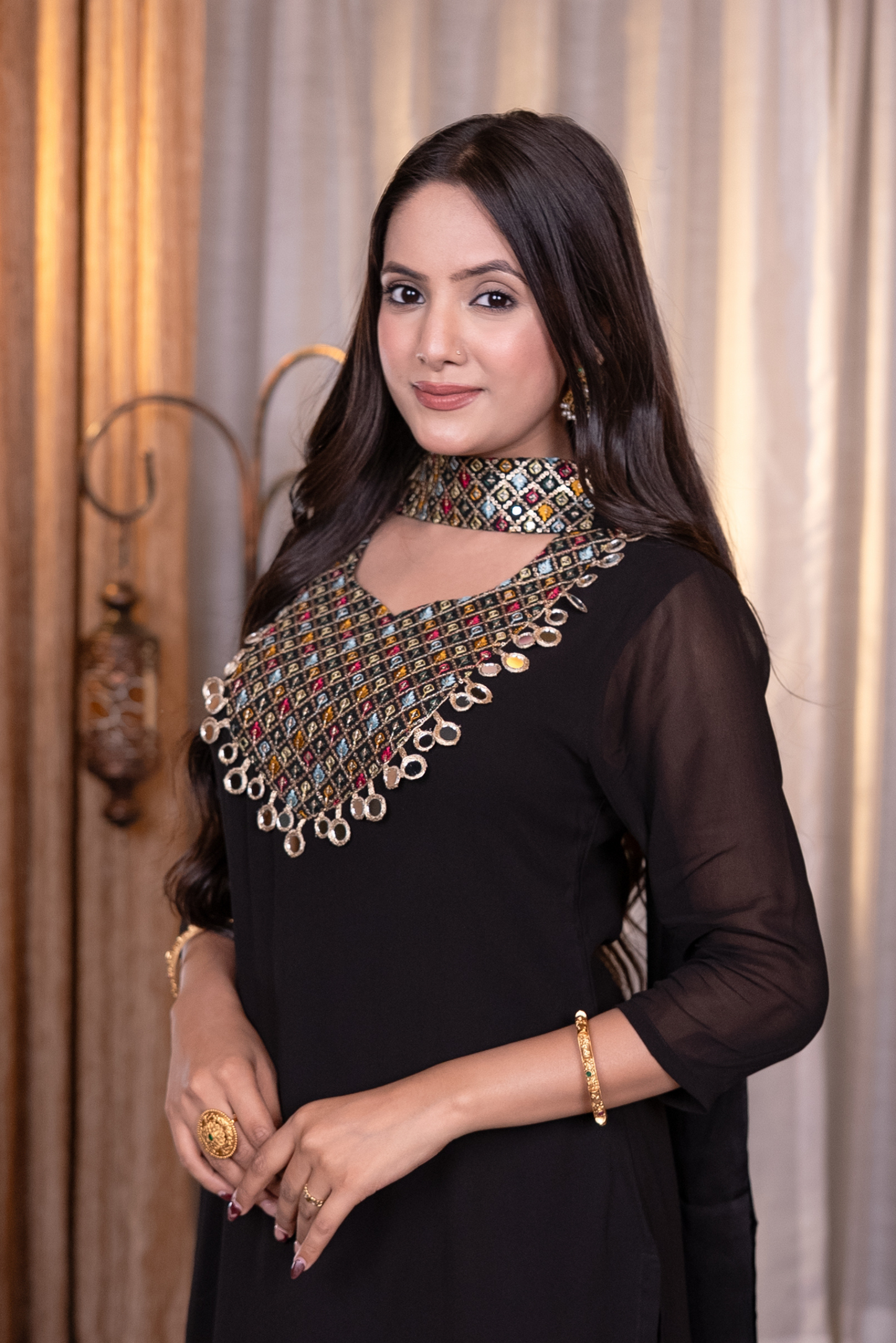 Mirror and sequins work kurta set with palazzo and dupatta