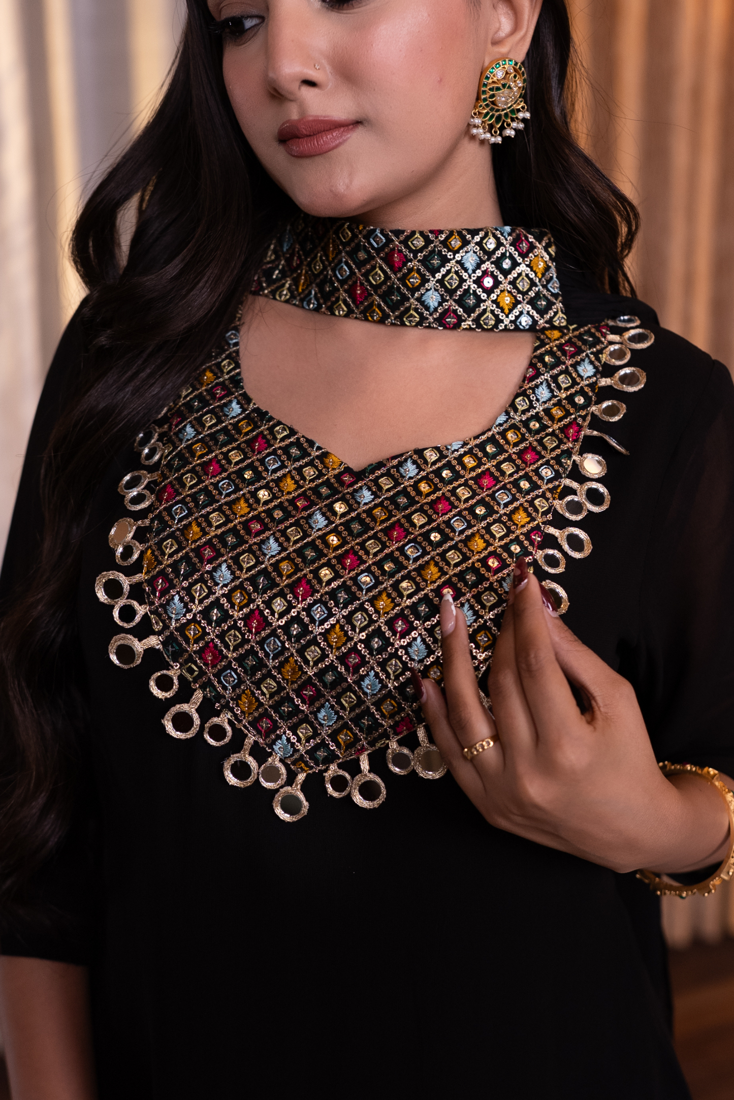 Mirror and sequins work kurta set with palazzo and dupatta