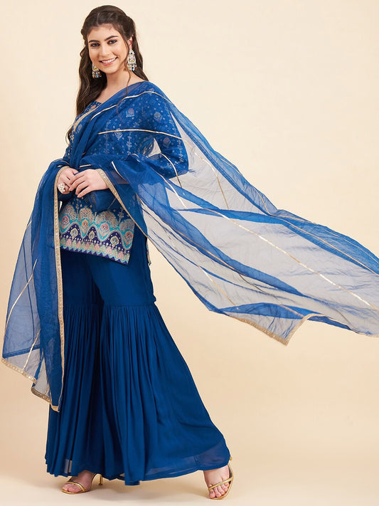 Ethnic Motifs Embroidered Straight Scoop Neck Kurti With Sharara & Dupatta