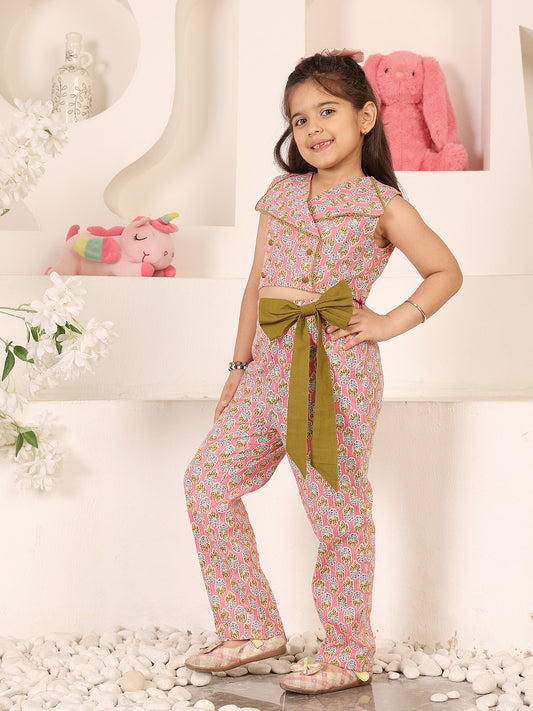 Girls Printed V-Neck Top And Trousers