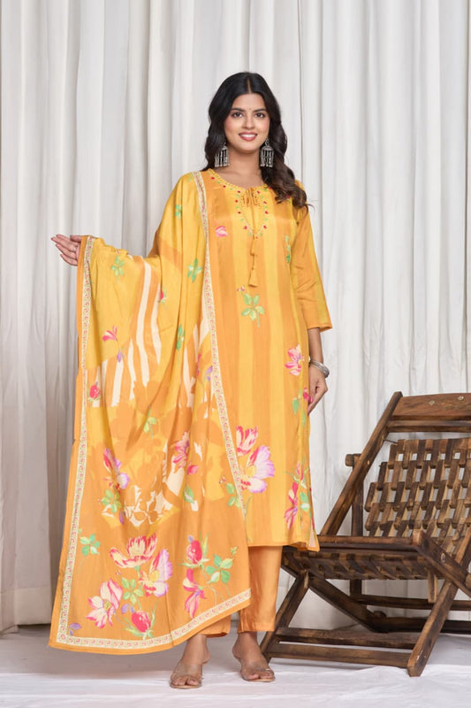 Floral Printed Keyhole Neck Thread Work Straight Kurta With Trousers & Dupatta