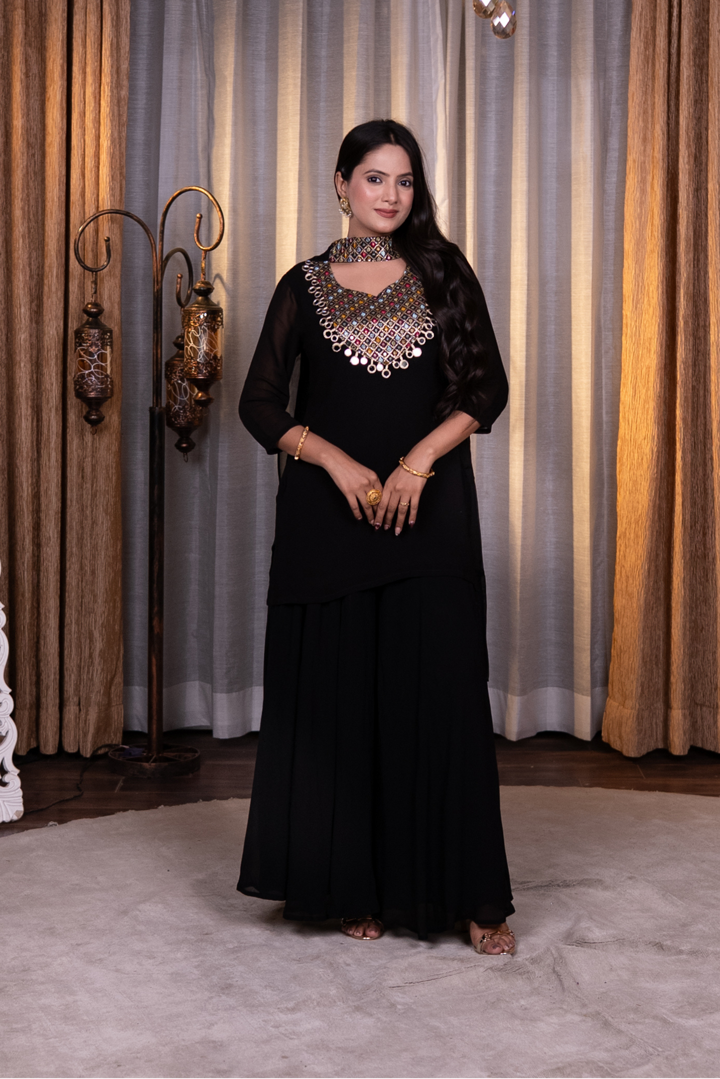 Mirror and sequins work kurta set with palazzo and dupatta