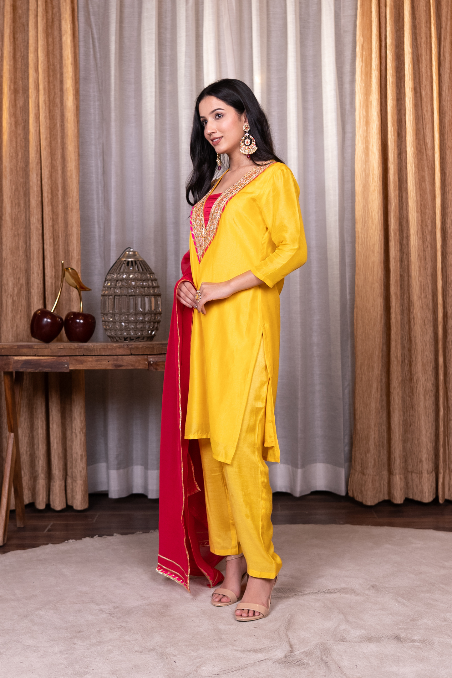 Straight lace work kurta with pant and dupatta