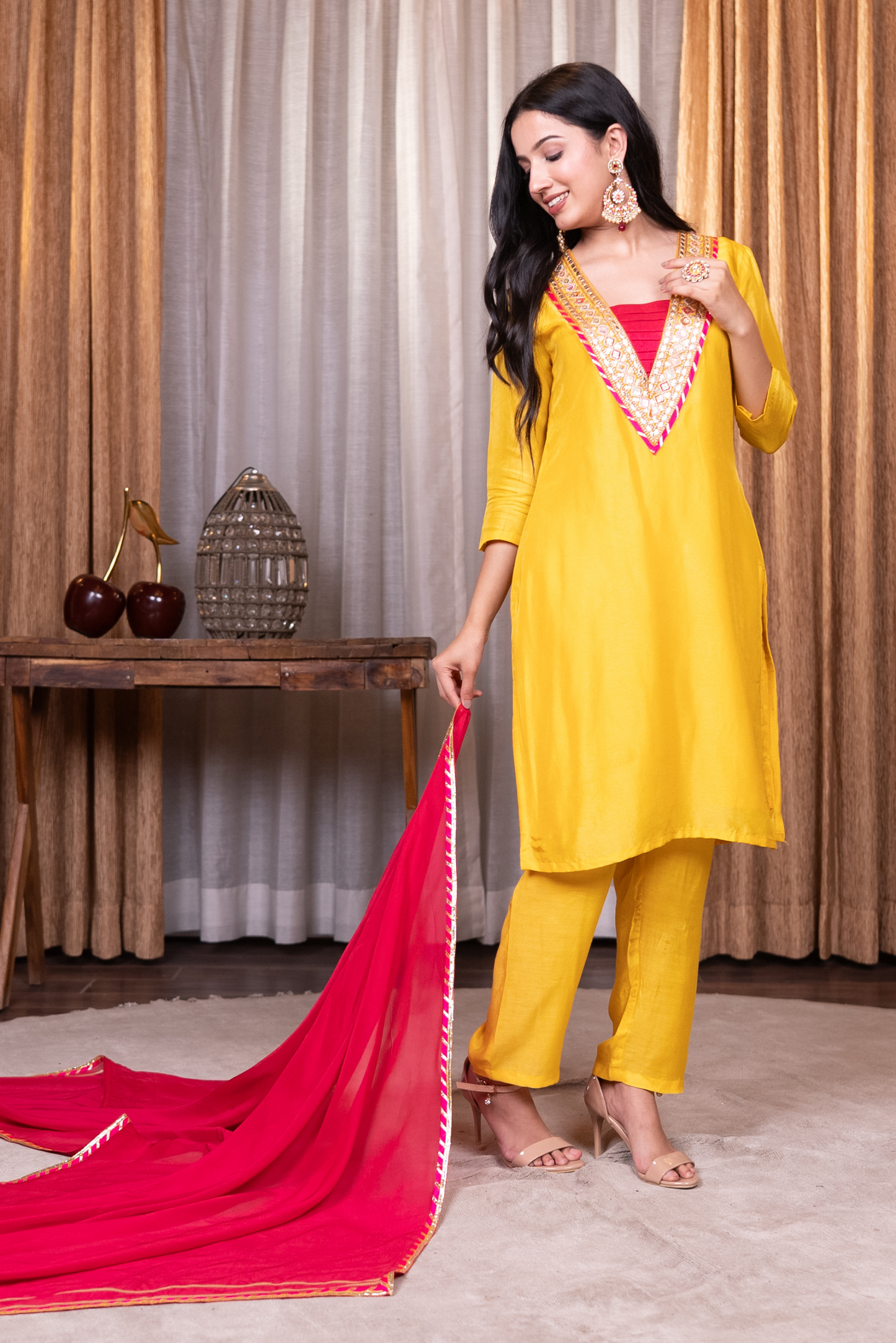 Straight lace work kurta with pant and dupatta
