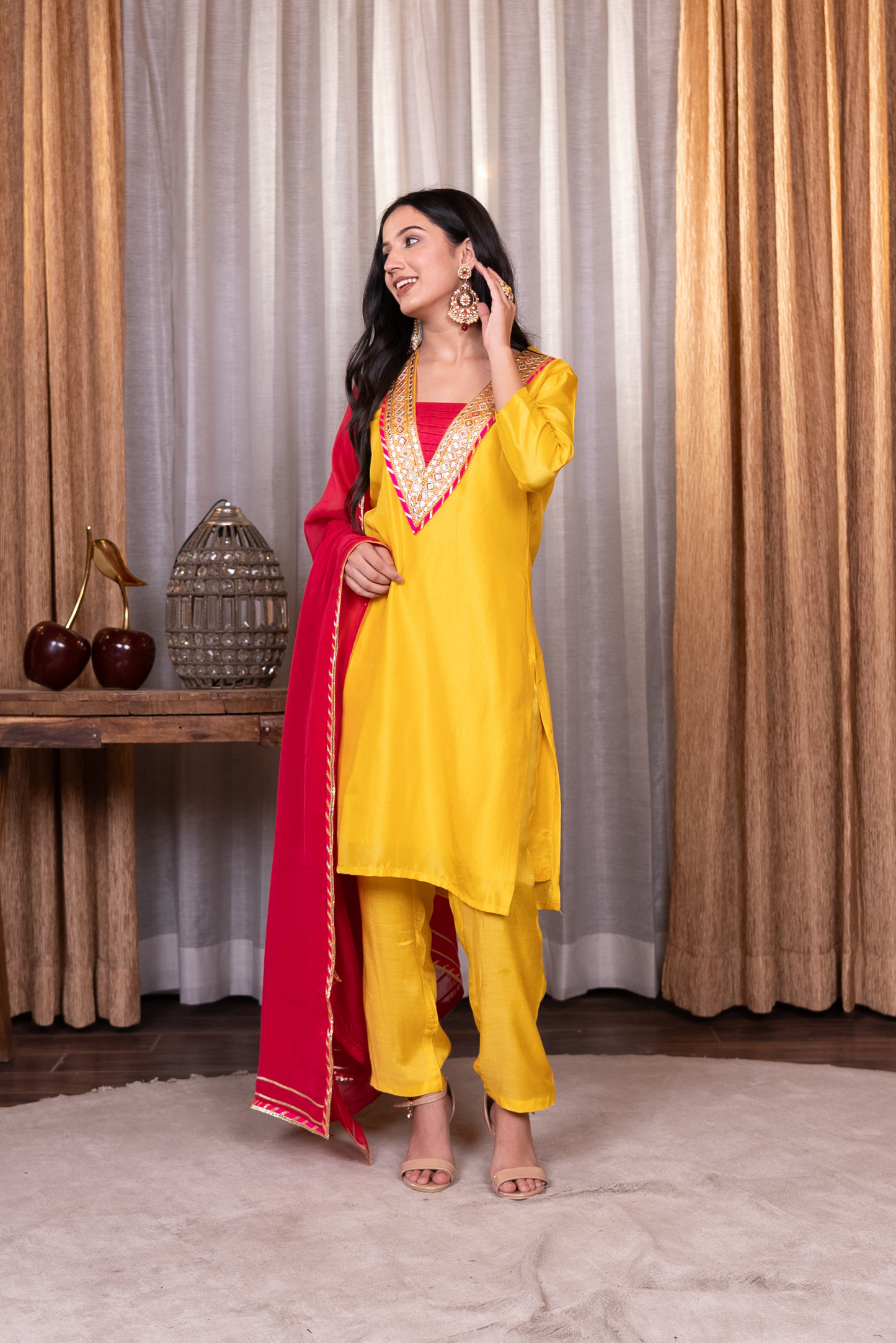 Straight lace work kurta with pant and dupatta