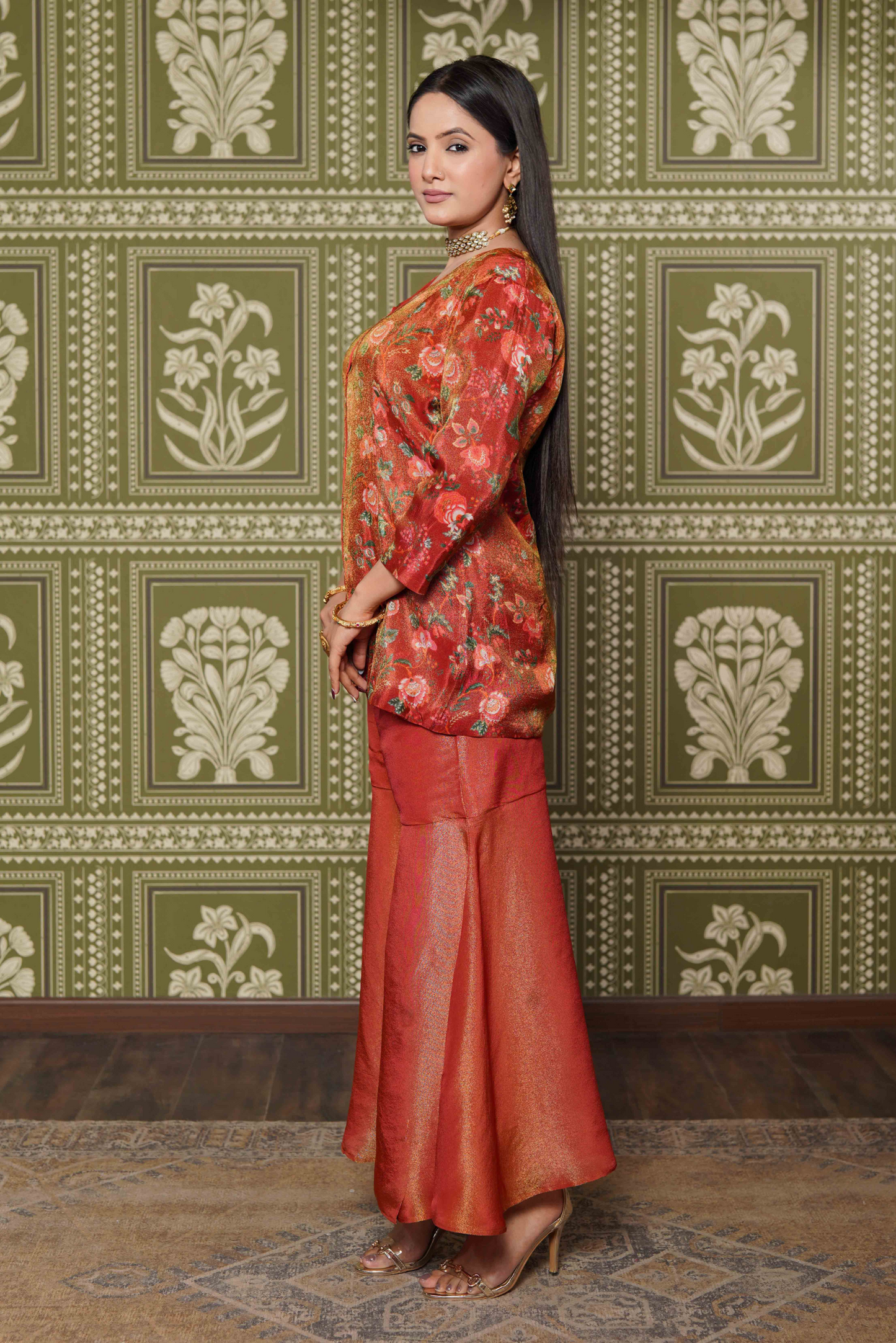 Tissue Floral Printed Red Co-Ords Set