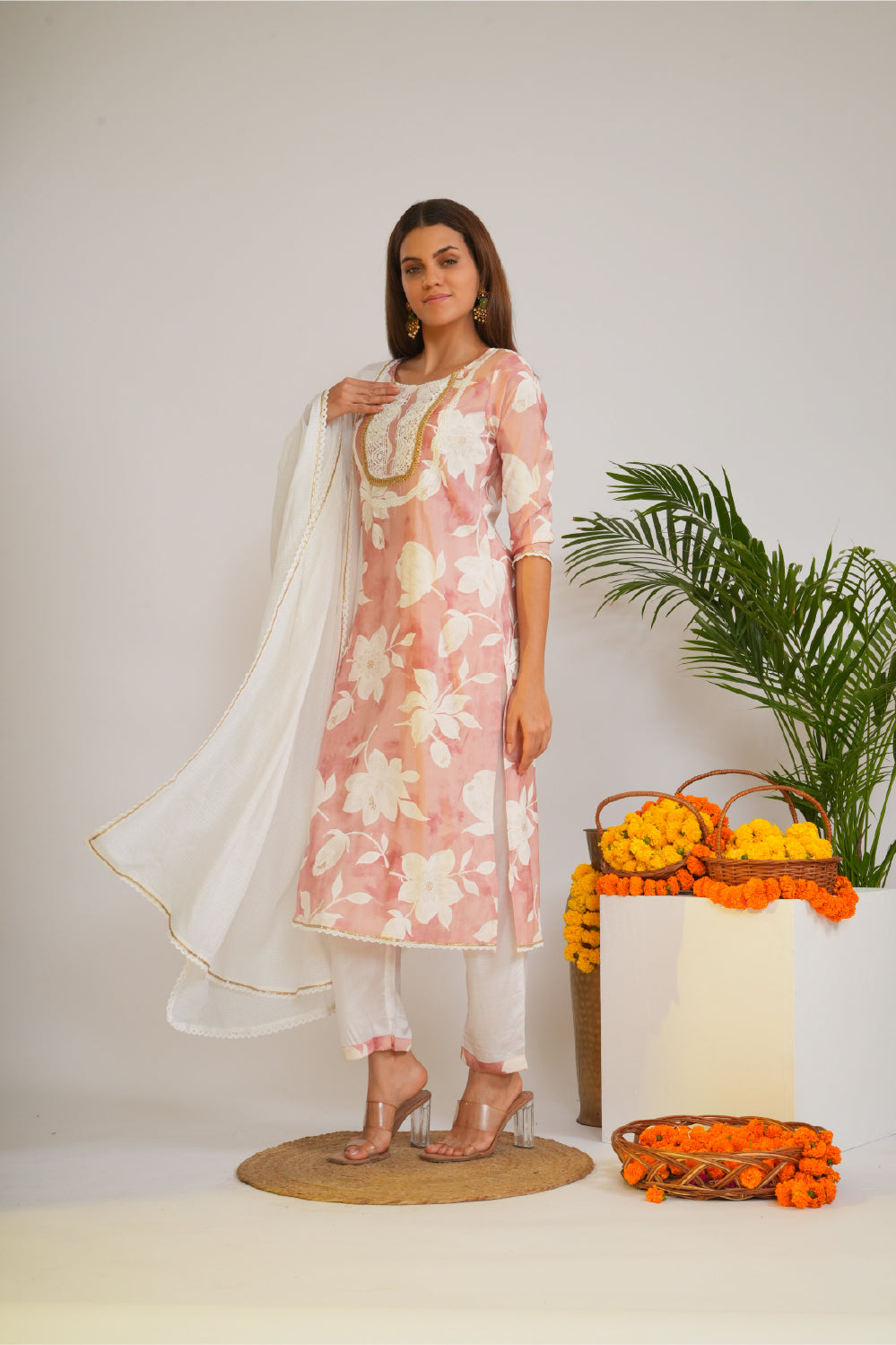 Women Floral Print Gotta Patti Pure Cotton Kurta with Trousers & Dupatta