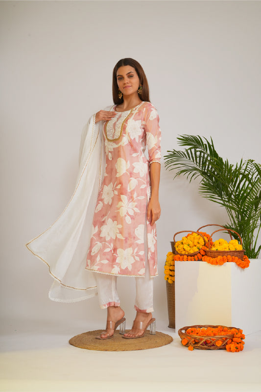 Women Floral Print Gotta Patti Pure Cotton Kurta with Trousers & Dupatta