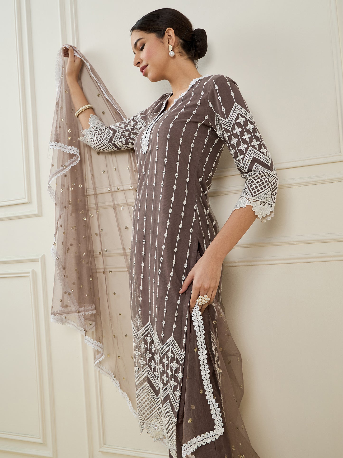 Embroidered Sequinned Straight Kurta with Trousers & Dupatta