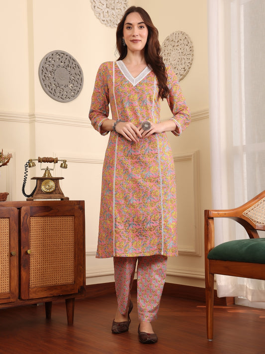 Women Floral Printed Regular Thread Work Pure Cotton Kurta with Trousers