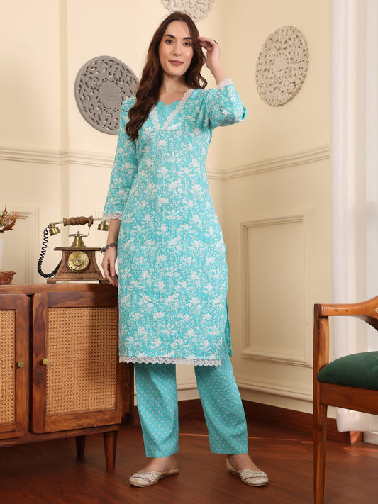 Women Floral Printed Regular Thread Work Pure Cotton Kurta with Trousers