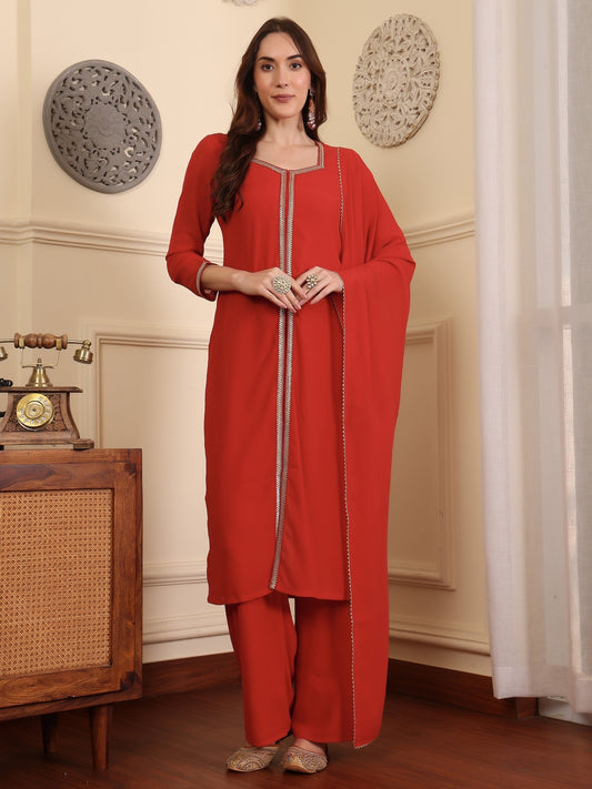 Square Neck Gotta Patti Georgette Straight Kurta With Palazzos & Dupatta
