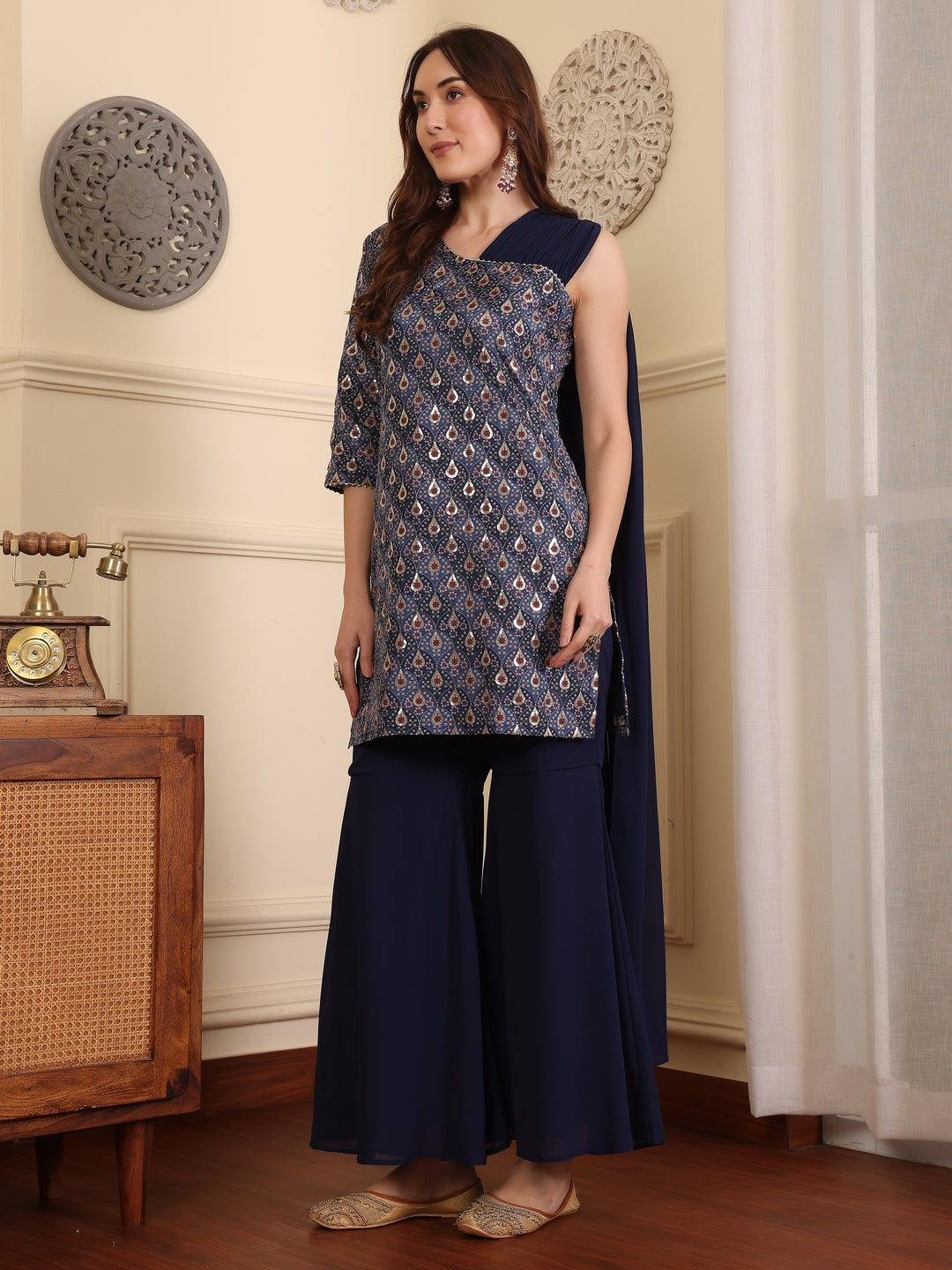 Ethnic Motifs Printed Asysmmetric Neck Sequinned Straight Kurta With Sharara