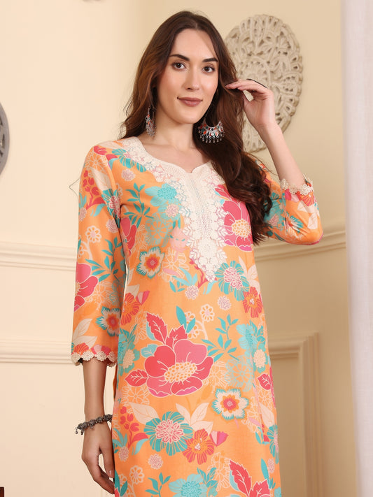 Women Floral Printed Regular Patchwork Pure Cotton Kurta with Trousers
