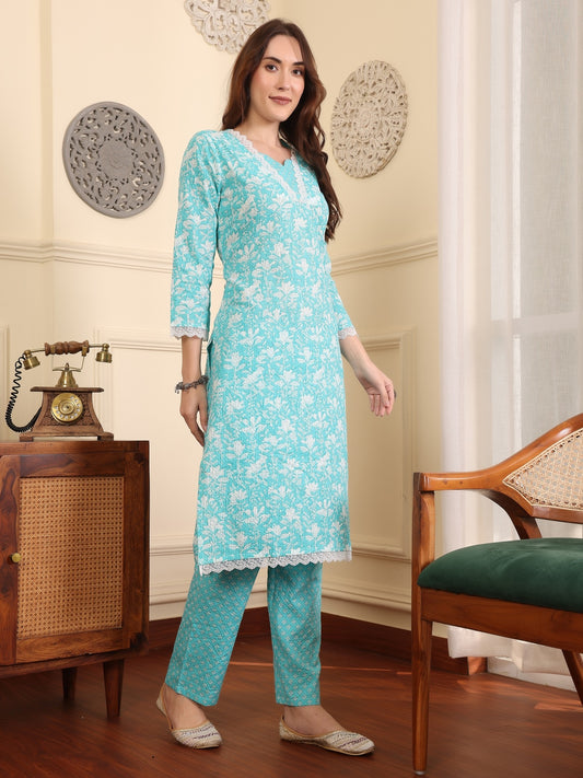 Women Floral Printed Regular Thread Work Pure Cotton Kurta with Trousers