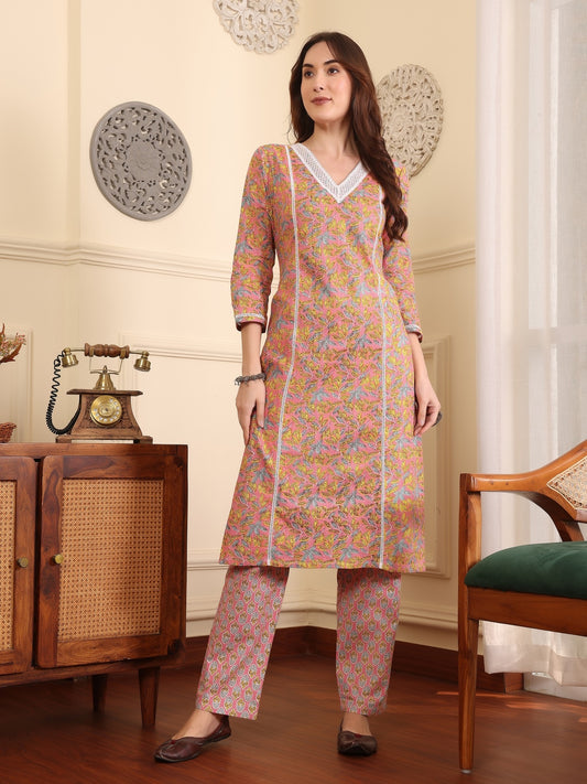 Women Floral Printed Regular Thread Work Pure Cotton Kurta with Trousers